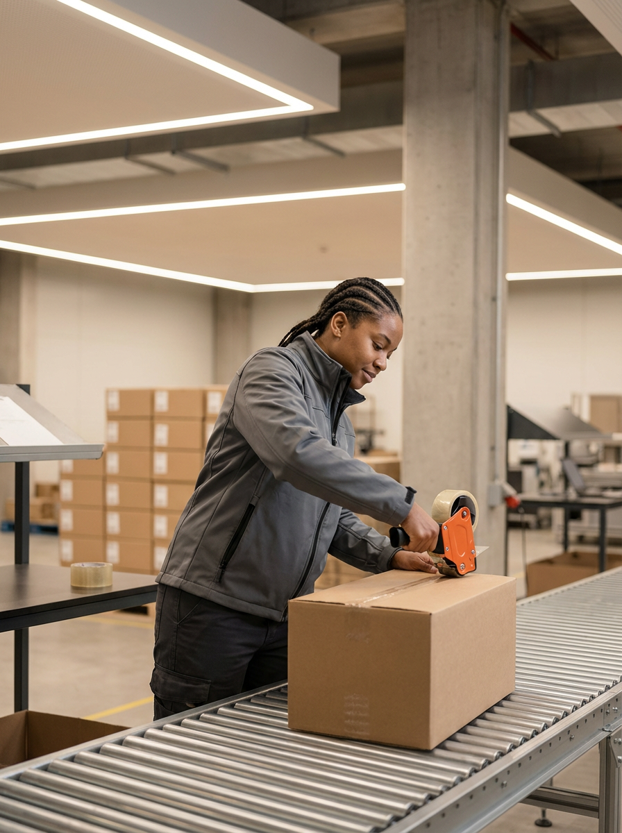 A woman working on a packaging line, sealing a cardboard box with tape in a warehouse or distribution center.