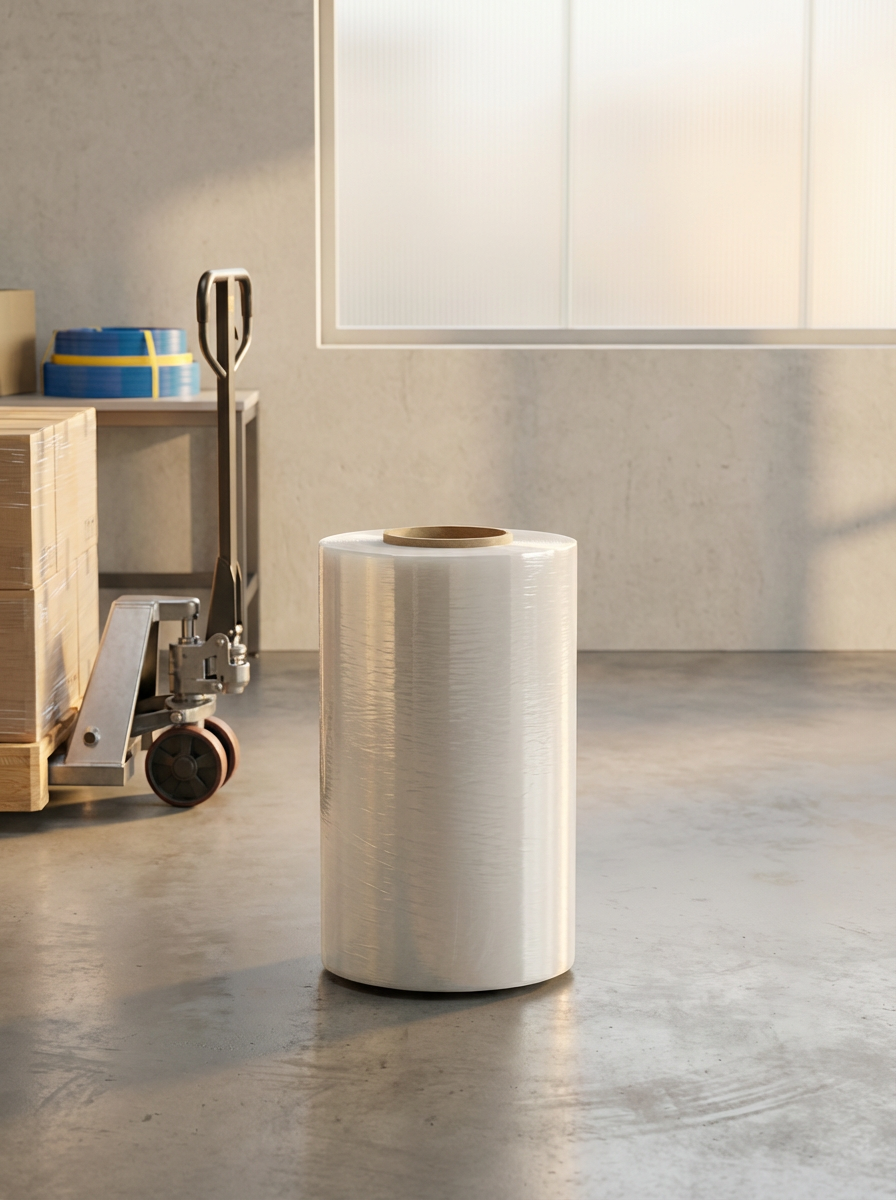 Large roll of clear plastic film in an industrial setting.