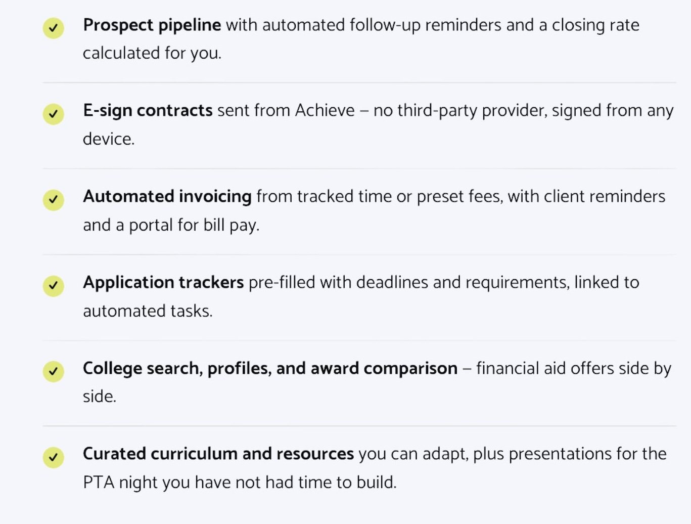 List of features with yellow checkmarks including prospect pipeline, e-sign contracts, automated invoicing, application trackers, college search and awards, and curated curriculum resources.