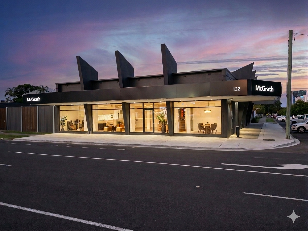 Modern building with glass windows and black exterior, illuminated from inside, located at 122 on a street corner at dusk, with parked cars on the street and trees in the background.