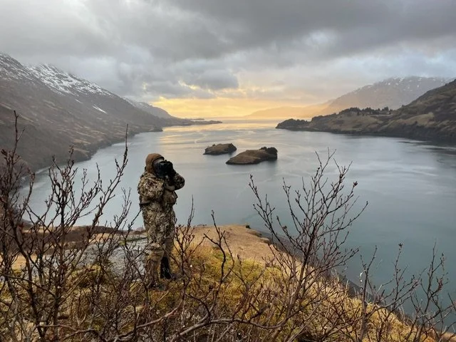 Guide Jason Bunch, glassing for Kodiak Brown Bears