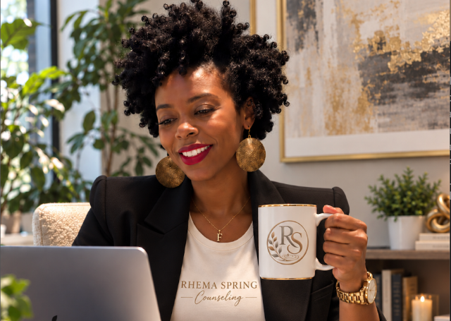 A woman with curly black hair, wearing gold earrings and a watch, is smiling and holding a mug while working on her laptop in an office or home setting with artwork and plants in the background.