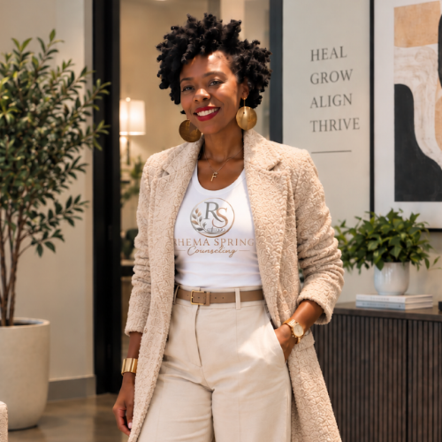 A woman standing indoors, wearing a beige blazer, white t-shirt with a logo, high-waisted beige pants, large gold earrings, and a gold watch, smiling at the camera.