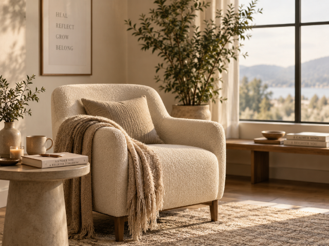 A cozy, beige armchair with a pillow and a throw blanket, placed next to a small round table with books and candles, in front of a window with a scenic outdoor view.