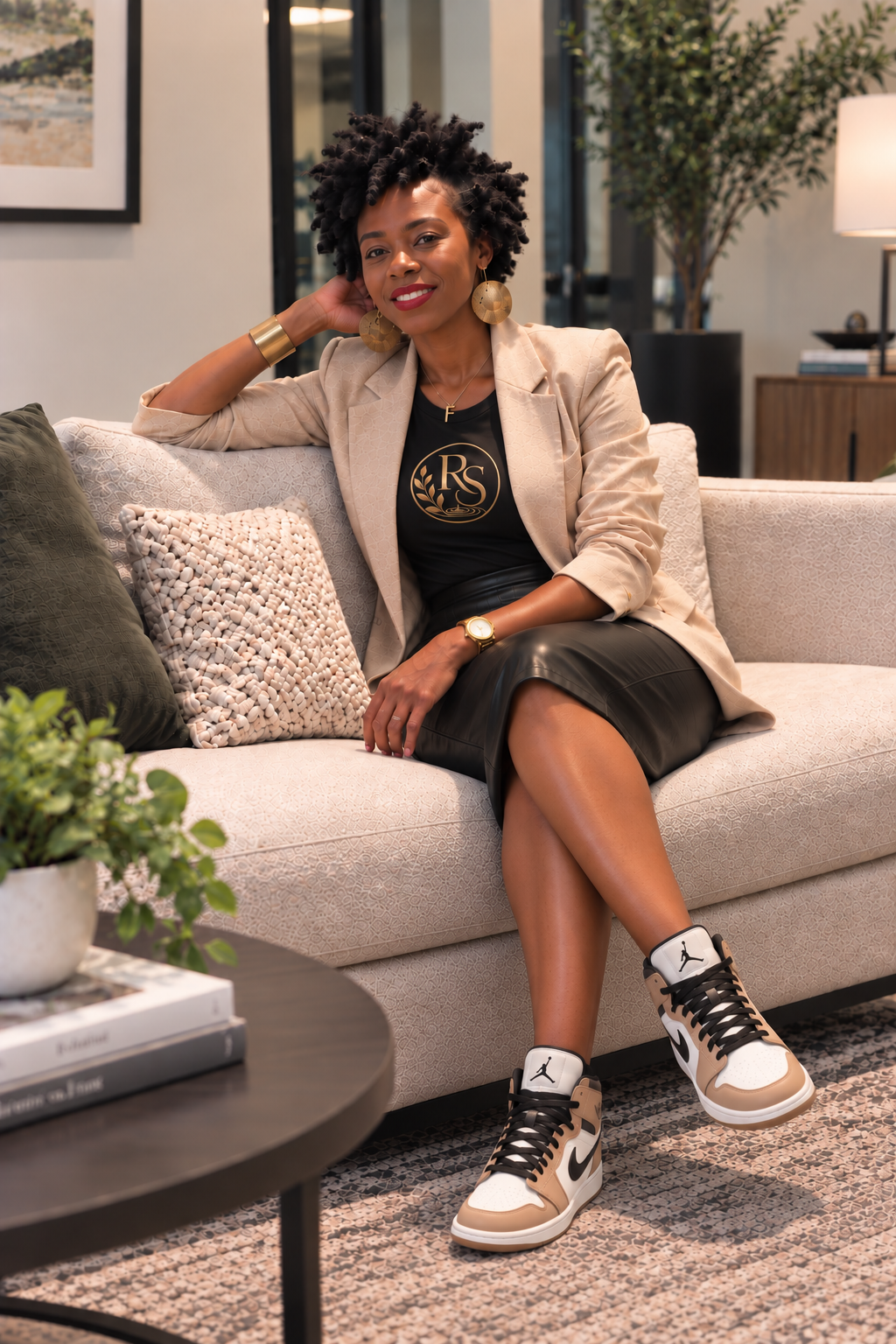 A woman sitting on a sofa in a modern living room, wearing a beige blazer, black shirt with a logo, black leather skirt, and Nike Air Jordan sneakers, with a gold watch, large earrings, and a necklace, smiling and relaxing.