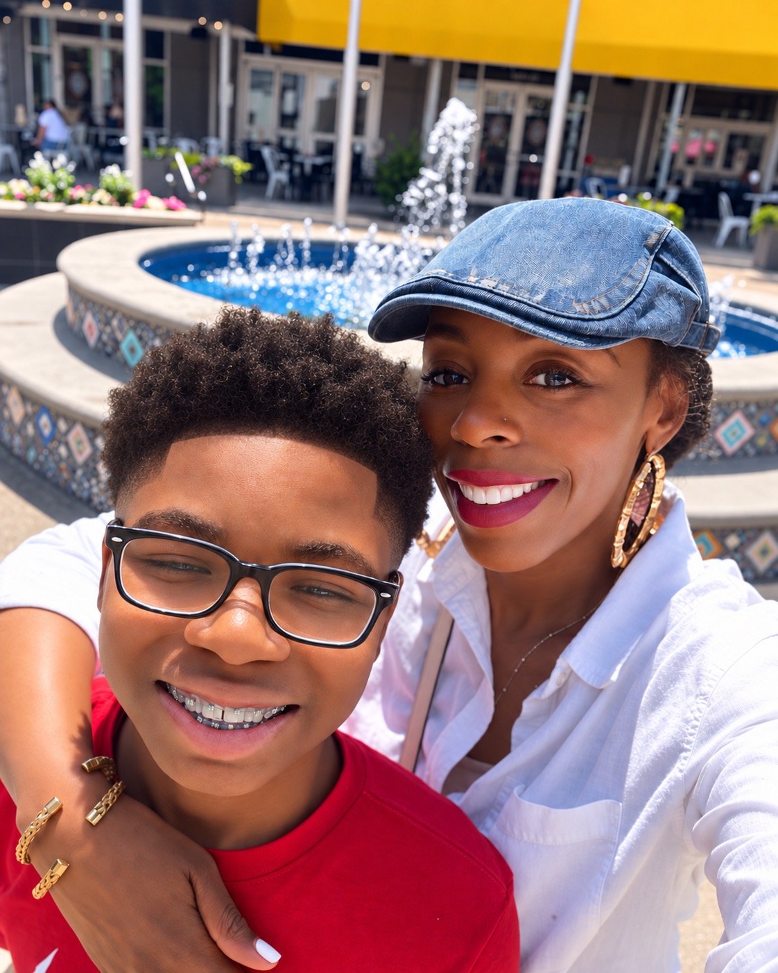 A woman and a boy smiling for a selfie near a fountain at an outdoor café.