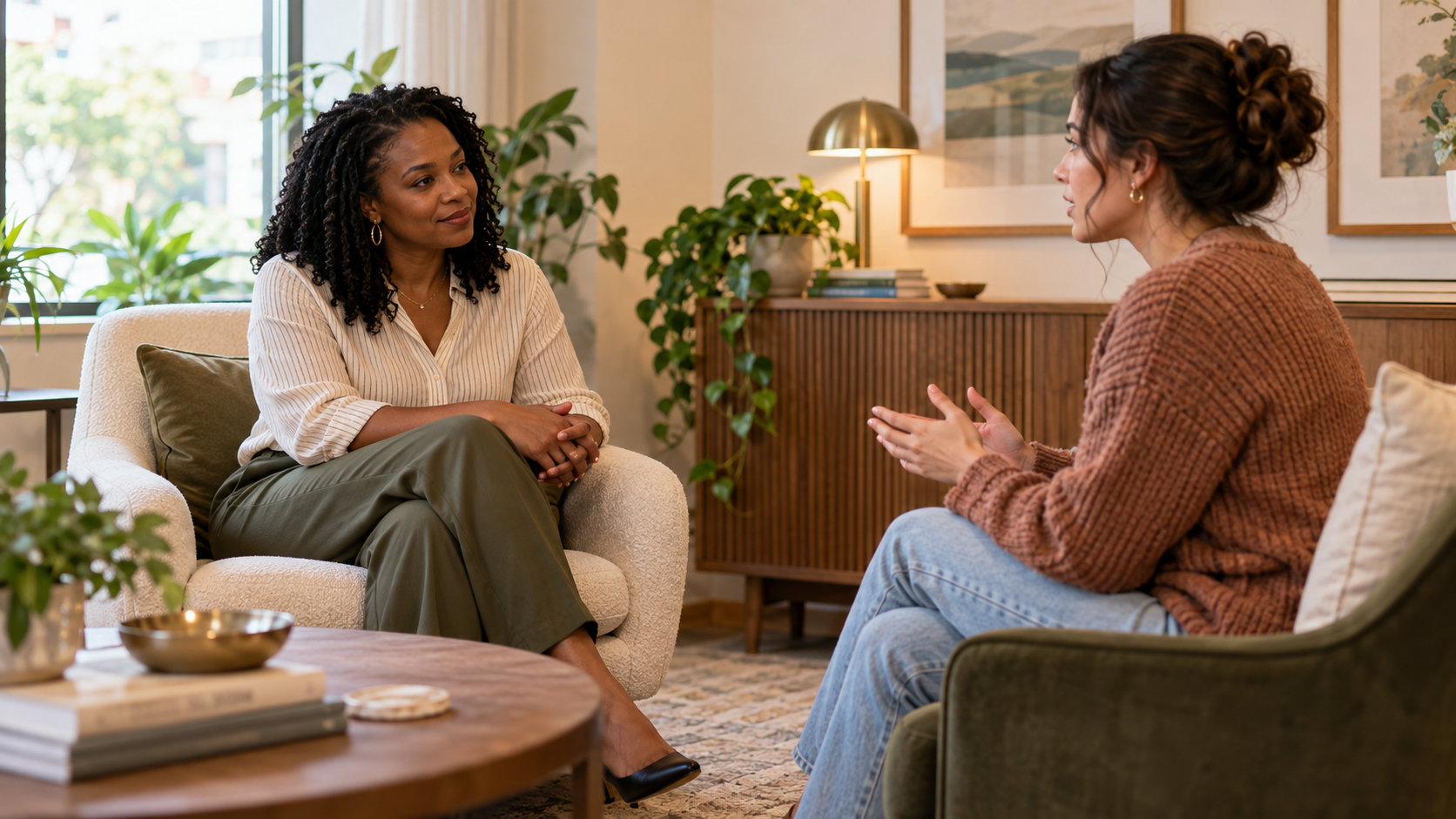 Two women having a conversation in a cozy living room with natural light, plants, and decorative art on the walls.