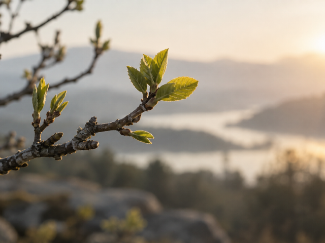 Close-up of budding green leaves on a tree branch with a sunset and rocky landscape in the background.