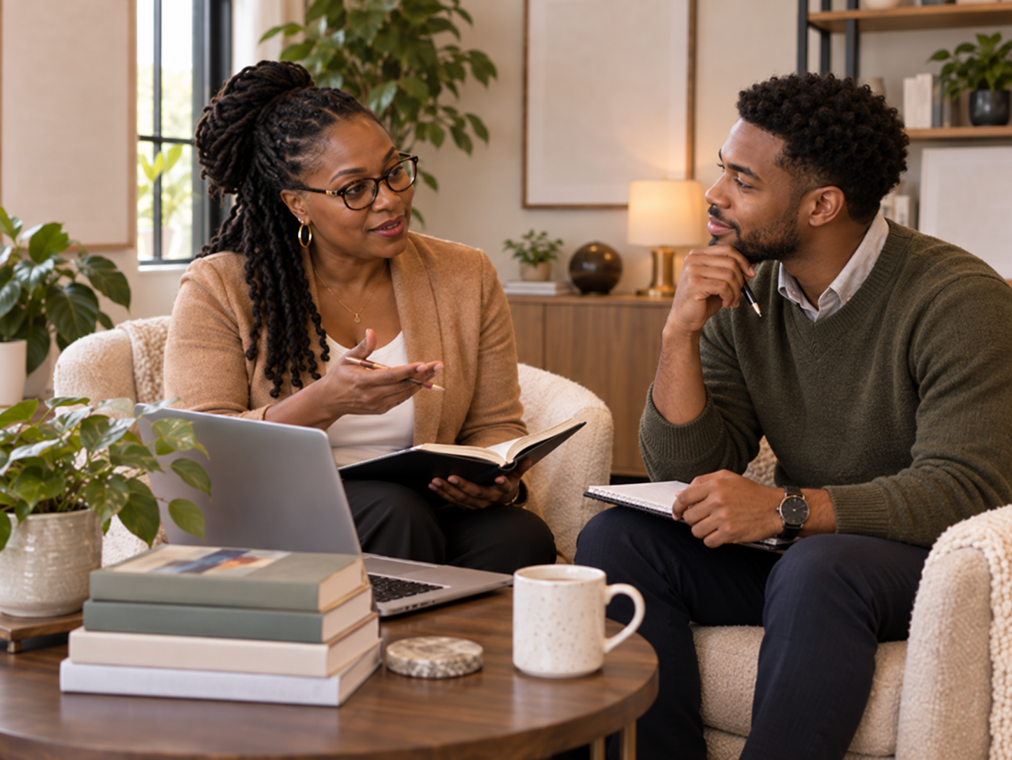Two people seated on a couch in a cozy home, engaged in a conversation with a laptop and notebooks in front of them, surrounded by plants and warm lighting.