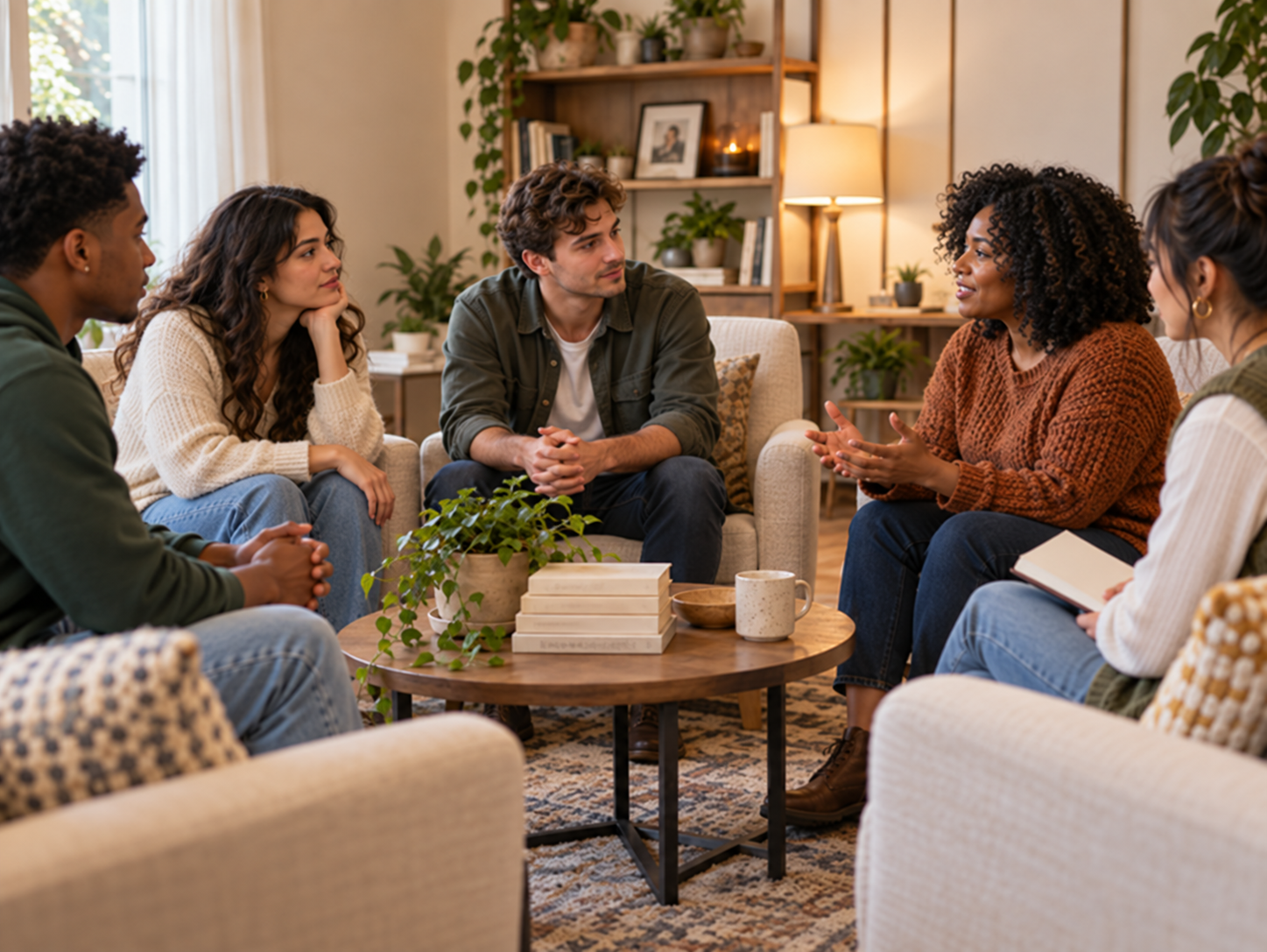 A diverse group of five people sitting around a coffee table in a living room having a discussion.