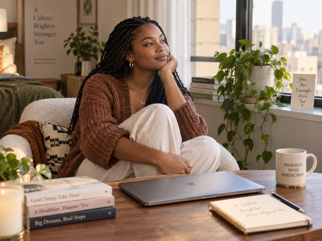 Young woman sitting at a desk with a laptop, surrounded by books, a potted plant, and motivational posters, gazing thoughtfully out of a window.