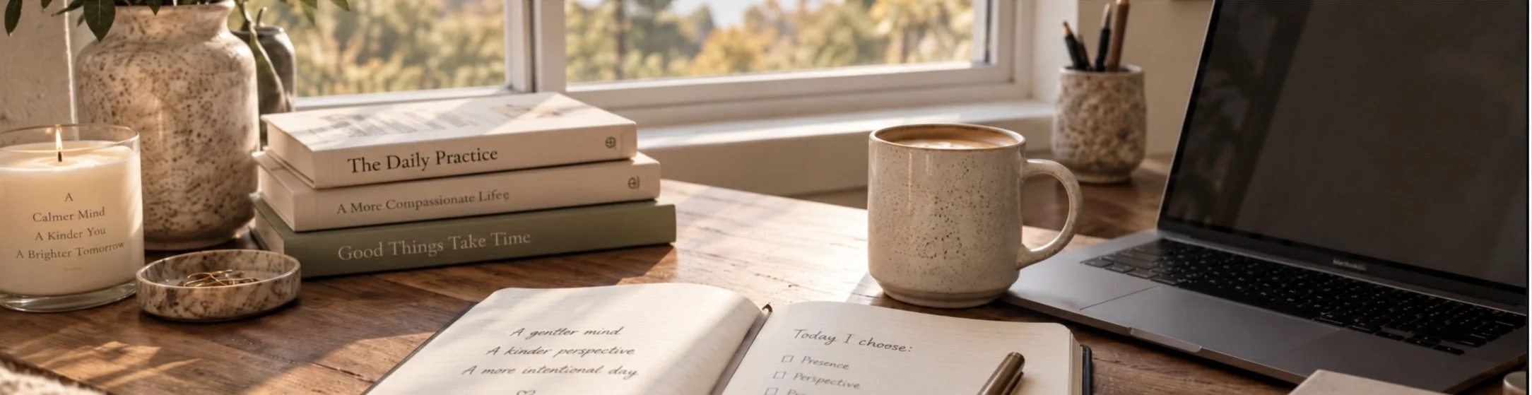 A desk setup with a candle, a stack of books, a ceramic mug filled with a drink, an open journal with handwritten notes, a laptop, and a container with pens near a window with a view of trees.