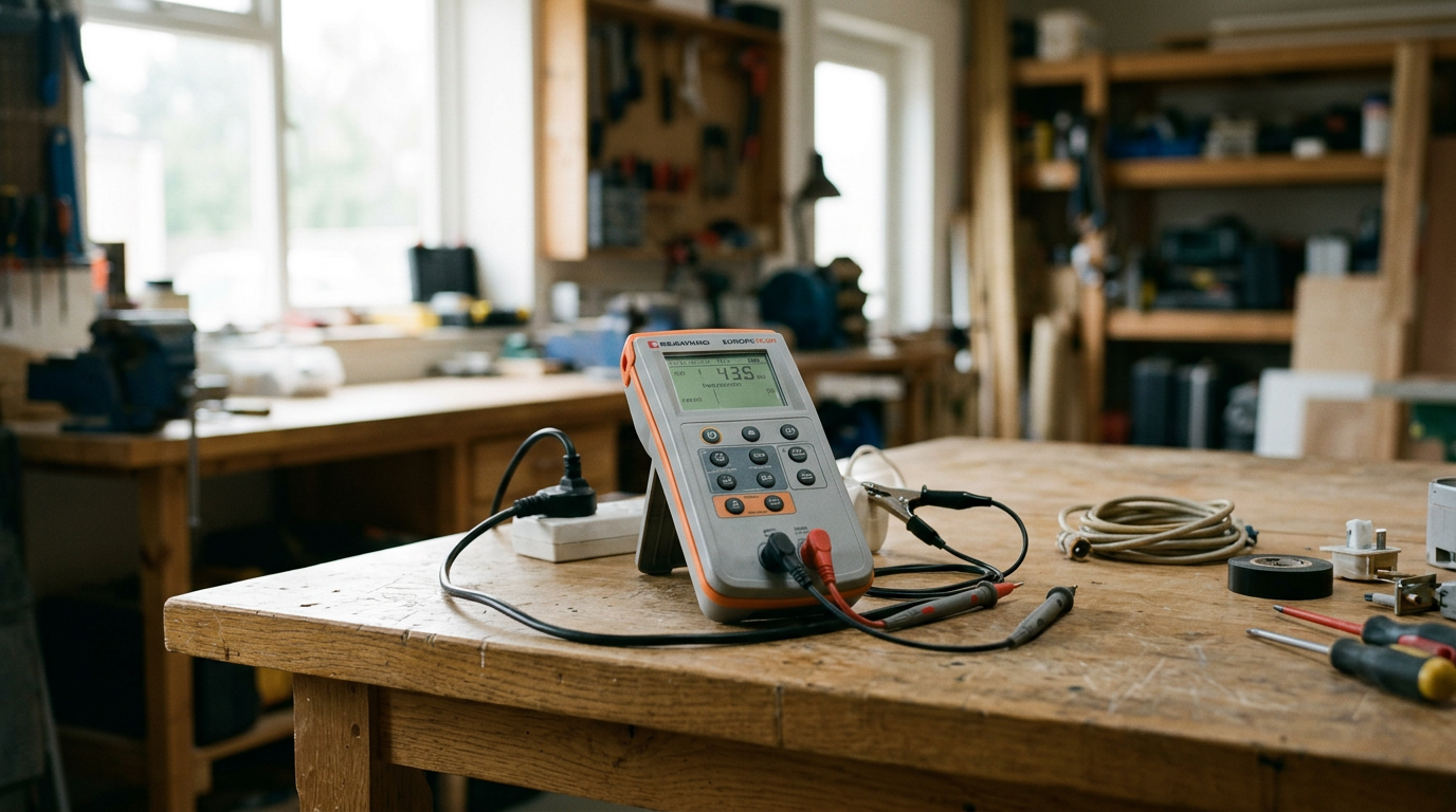 A digital multimeter on a wooden workbench in a workshop, with various tools and wires around.
