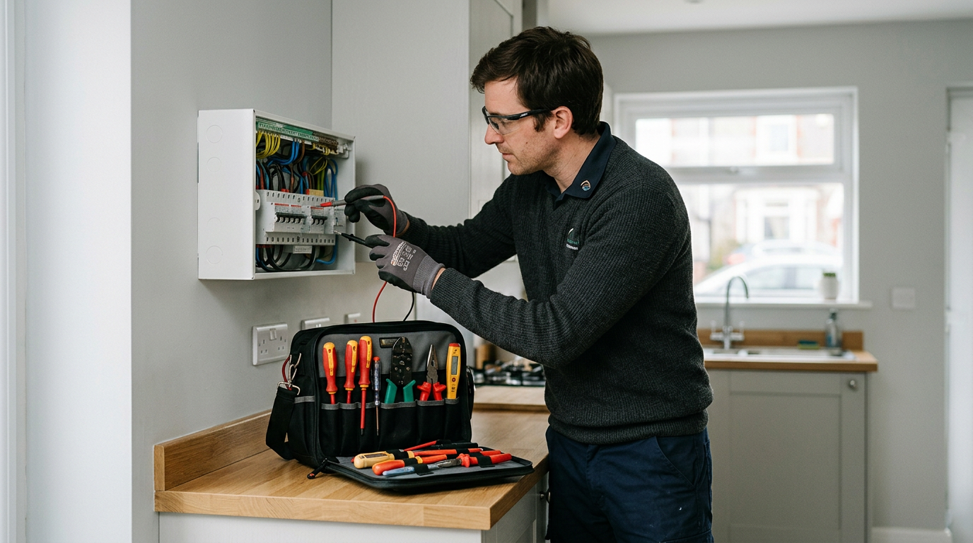 A man working on electrical wiring inside a gray electrical panel, using tools from a black toolkit on a wooden countertop in a modern kitchen.