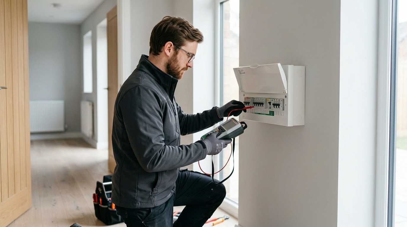 A technician working on an electrical panel in a home.