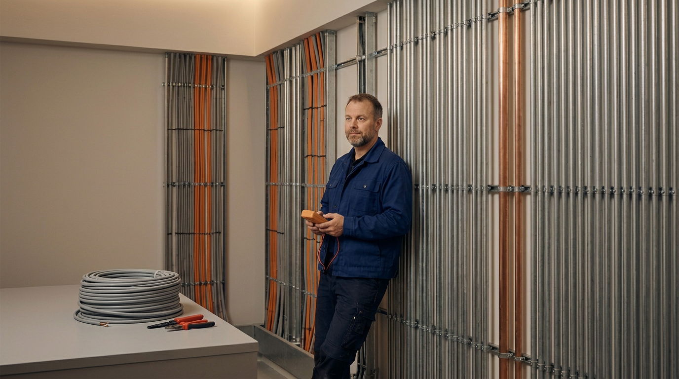 A man in a blue work jacket leans against a wall of metal and copper pipes, holding a handheld device, in a room with construction or electrical wiring in progress, with tools and coiled cables on a table in the foreground.
