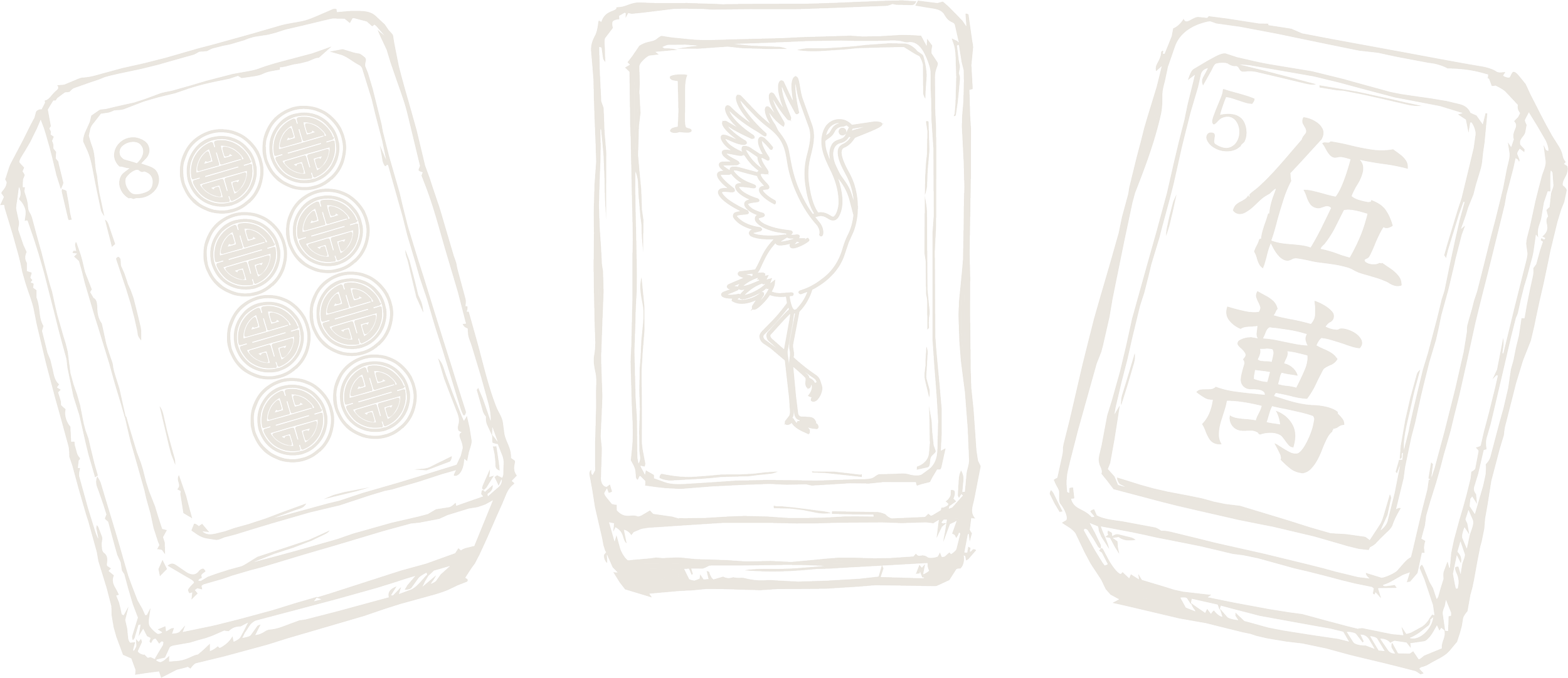 Sketch of three Mahjong tiles with the numbers 8, 5, and 15, and a bird symbol on the middle tile, all outlined in white on a black background.