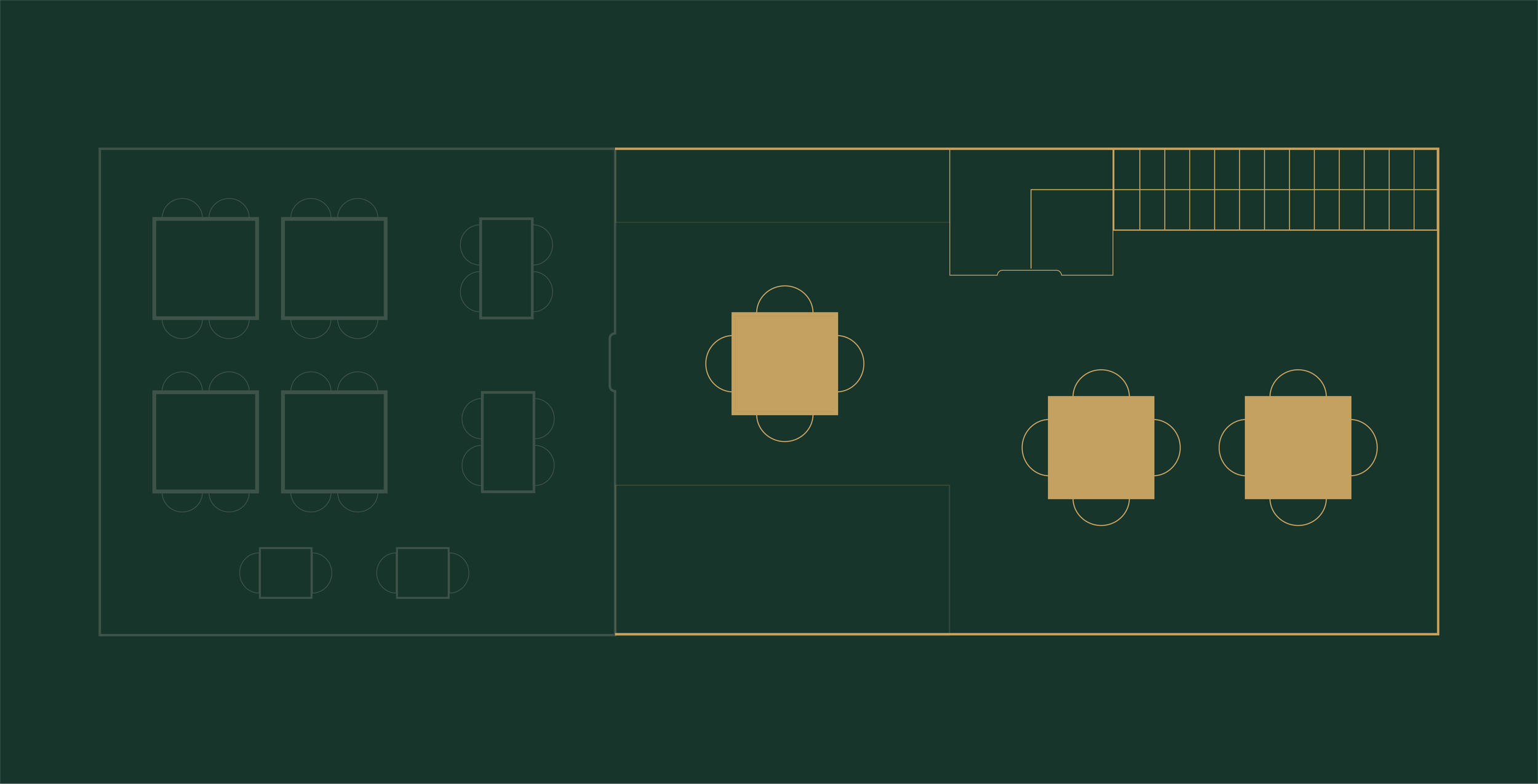 Floor plan with multiple tables and chairs, with highlighted areas in gold.