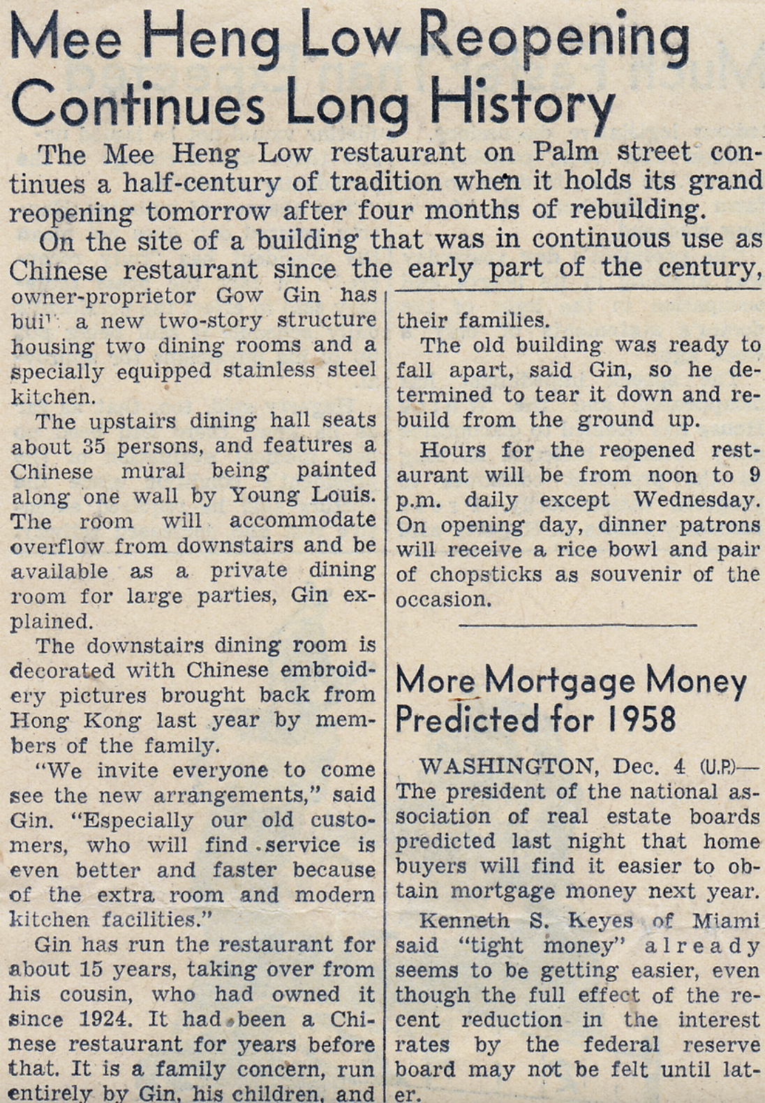 A newspaper article about the reopening of Mee Heng Low restaurant on Palm Street after four months of rebuilding, highlighting its history, renovations, and menu details in the 1950's. 