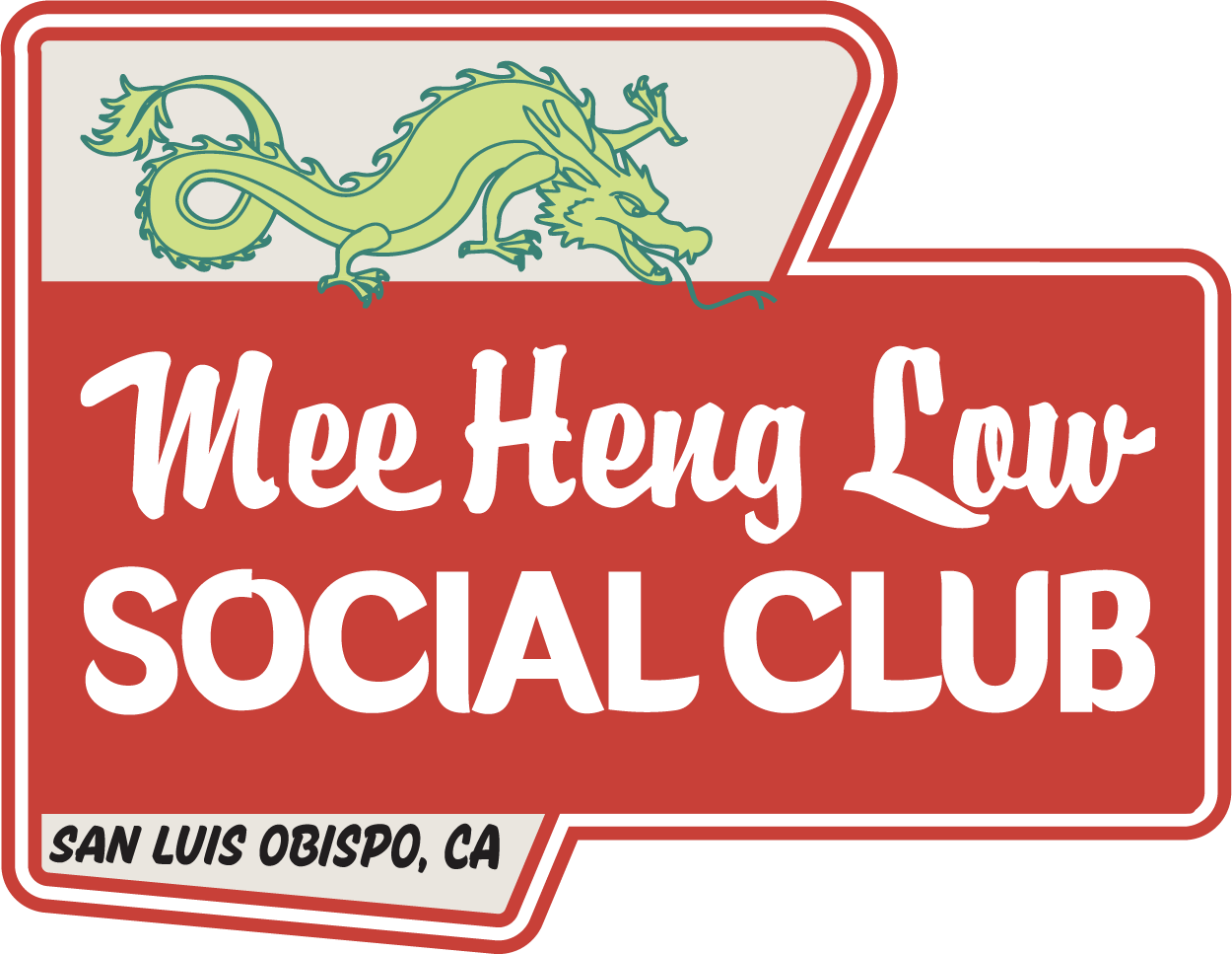 Logo of Me Heng Low Social Club, featuring a green dragon at the top and text indicating its location in San Luis Obispo, California.