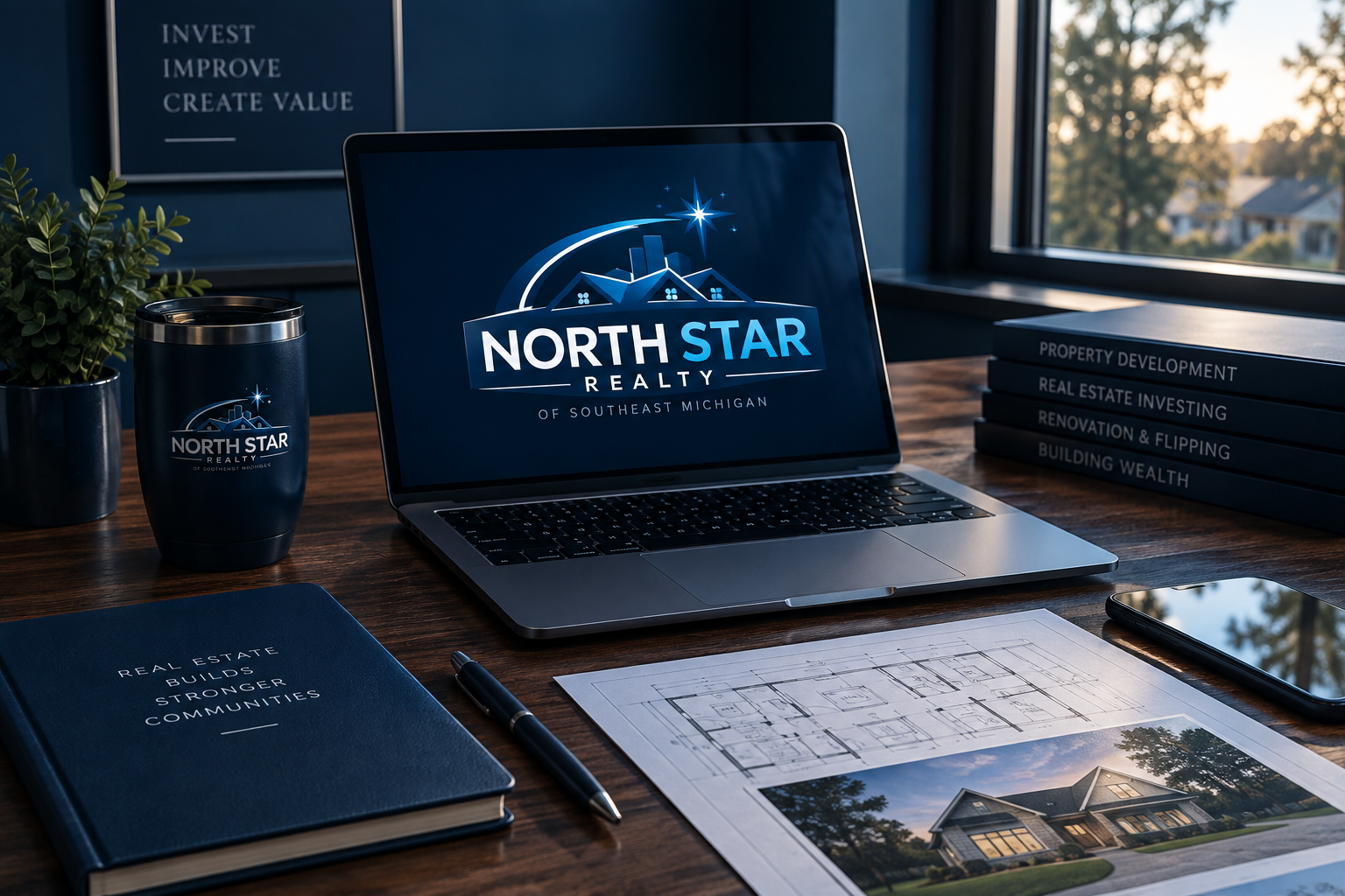 Northstar Realty of Southeast Michigan logo displayed on a laptop in a professional real estate office setting