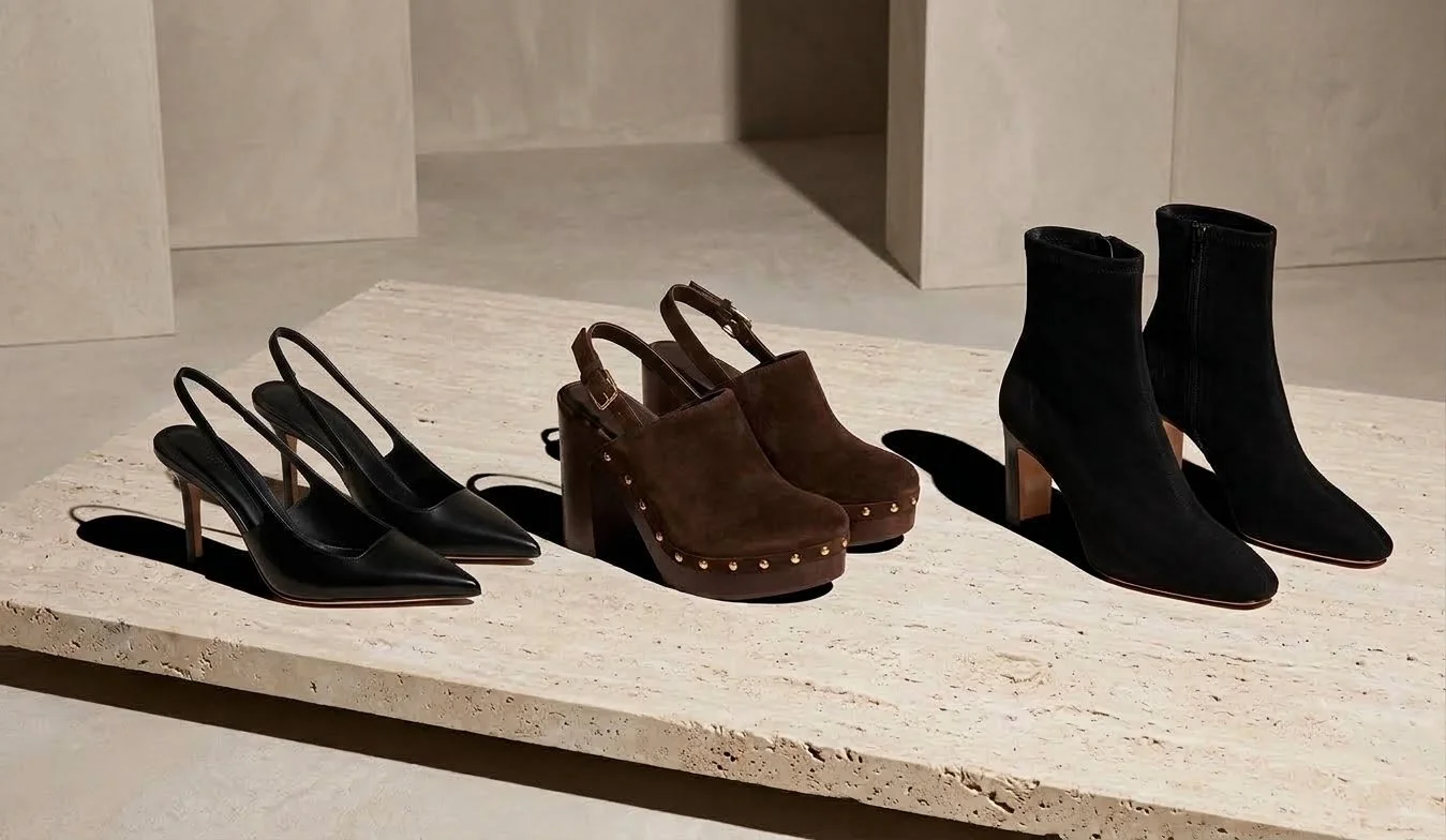 Three pairs of women's shoes displayed on a stone surface, including black pointed-toe slingback heels, brown platform loafers with gold studs, and black ankle boots with block heels.