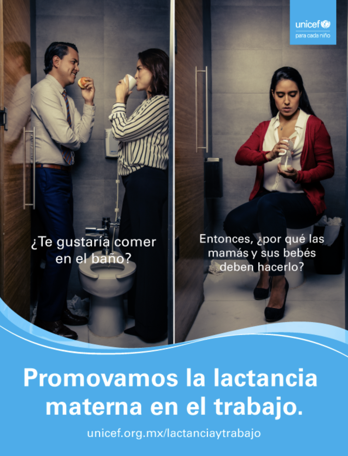 A split image showing a man and woman in a bathroom on the left, and a woman sitting on a toilet on the right, with text in Spanish promoting breastfeeding in the workplace, with UNICEF logo in the top right corner.