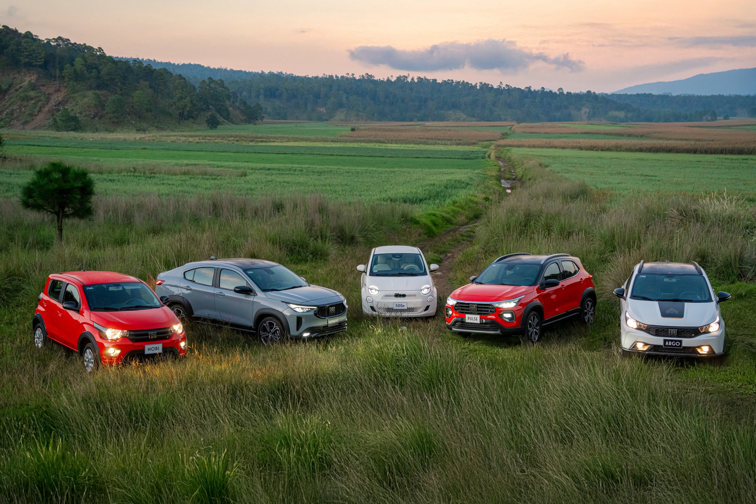 A row of parked cars on a grassy hill overlooking green fields and distant hills at sunset.