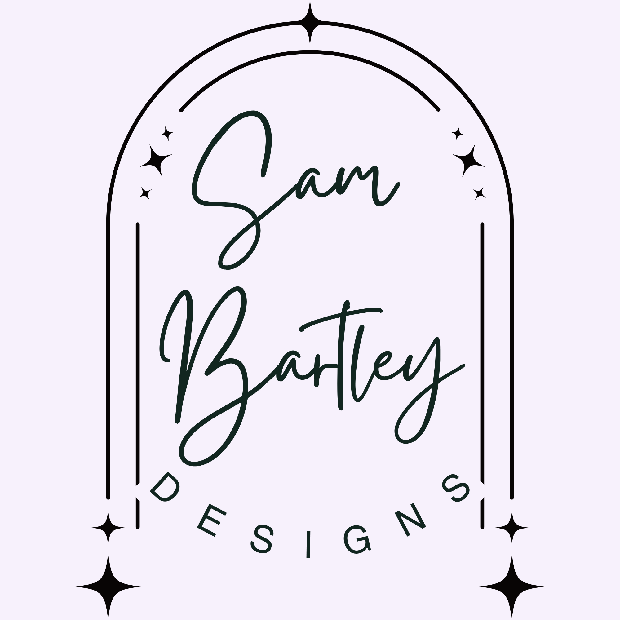 A graphic design with the phrase 'I am a designer' written in stylish black cursive text inside a curved minimalist frame, surrounded by small star-like symbols.