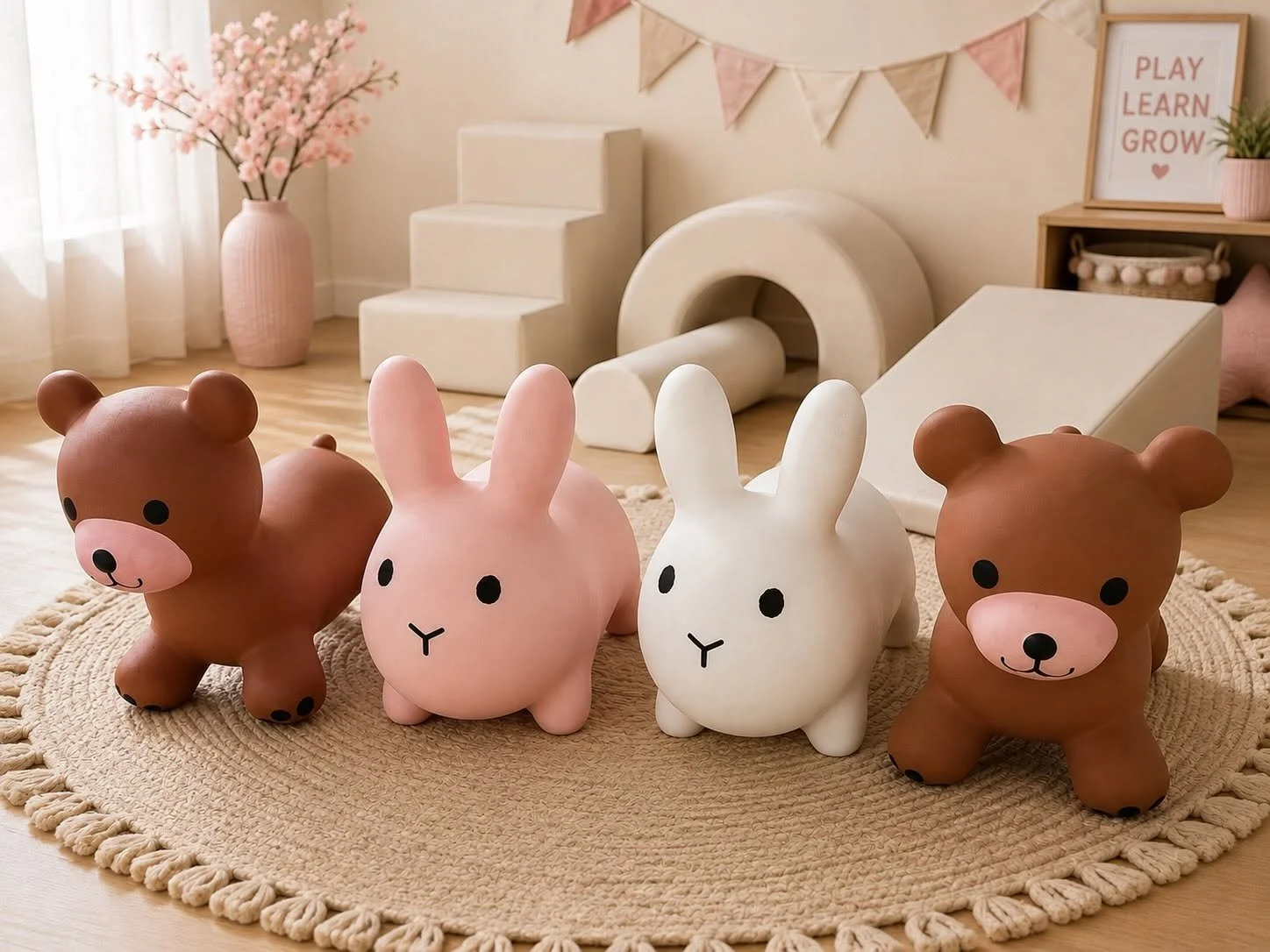 Decorative children's room with plush bear and rabbit toys on a round rug, pink cherry blossom lamp, pink and beige bunting, and a framed print that says "Play Learn Grow".