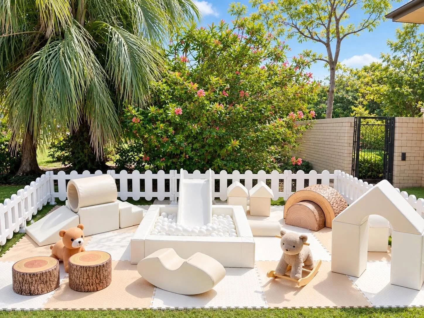Children's outdoor play area with a white picket fence, soft foam mats, wooden and plush toys, small houses, and a ball pit with a slide, set in a backyard with trees and flowering bushes.