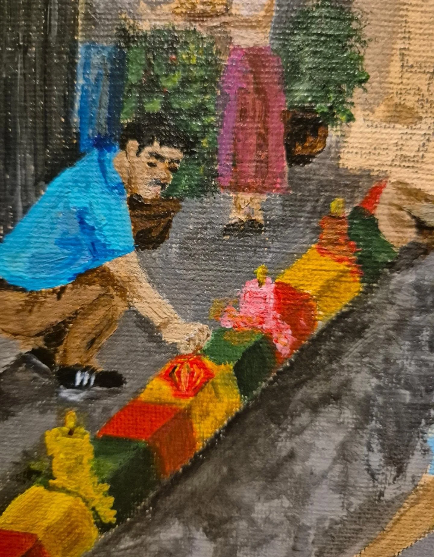 D&iacute;a de las velitas in Colombia is a day in December when people light candles in the street to honour Virgin Mary. This scene is part of the details of my upcoming piece of my upcoming 3d piece of migration memories. This new piece is set in C
