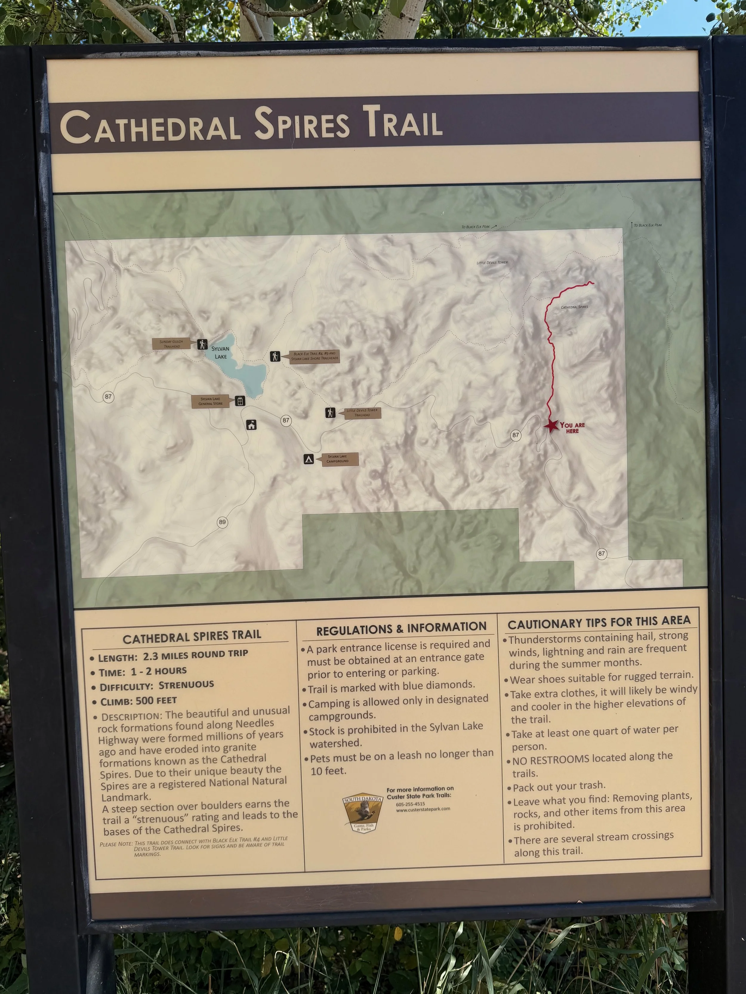 Trail map showing the route and surrounding area near Cathedral Spires in the Black Hills.