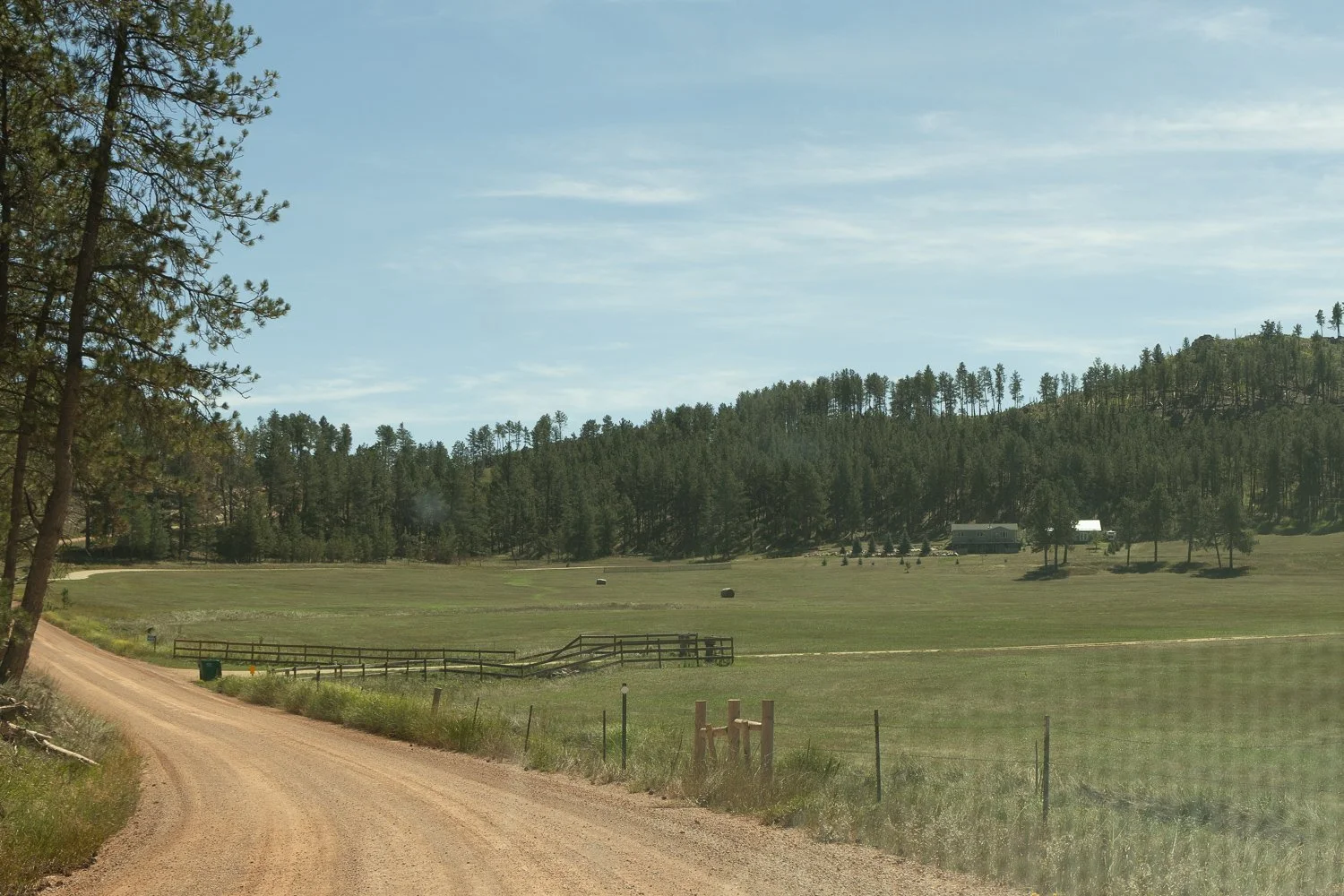 Gravel road winding through a grassy valley with pine-covered hills, fenced fields, and a few buildings in the distance.