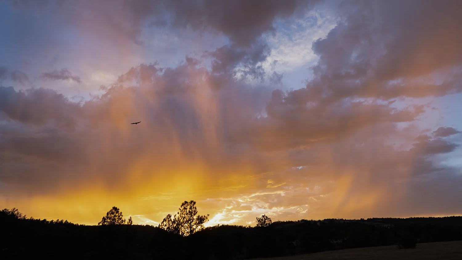 Rain falls through dramatic clouds illuminated by orange and pink evening light over the hills.
