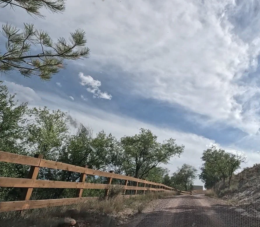 A dirt road curves uphill alongside a wooden fence, surrounded by trees and pine branches beneath a partly cloudy sky.