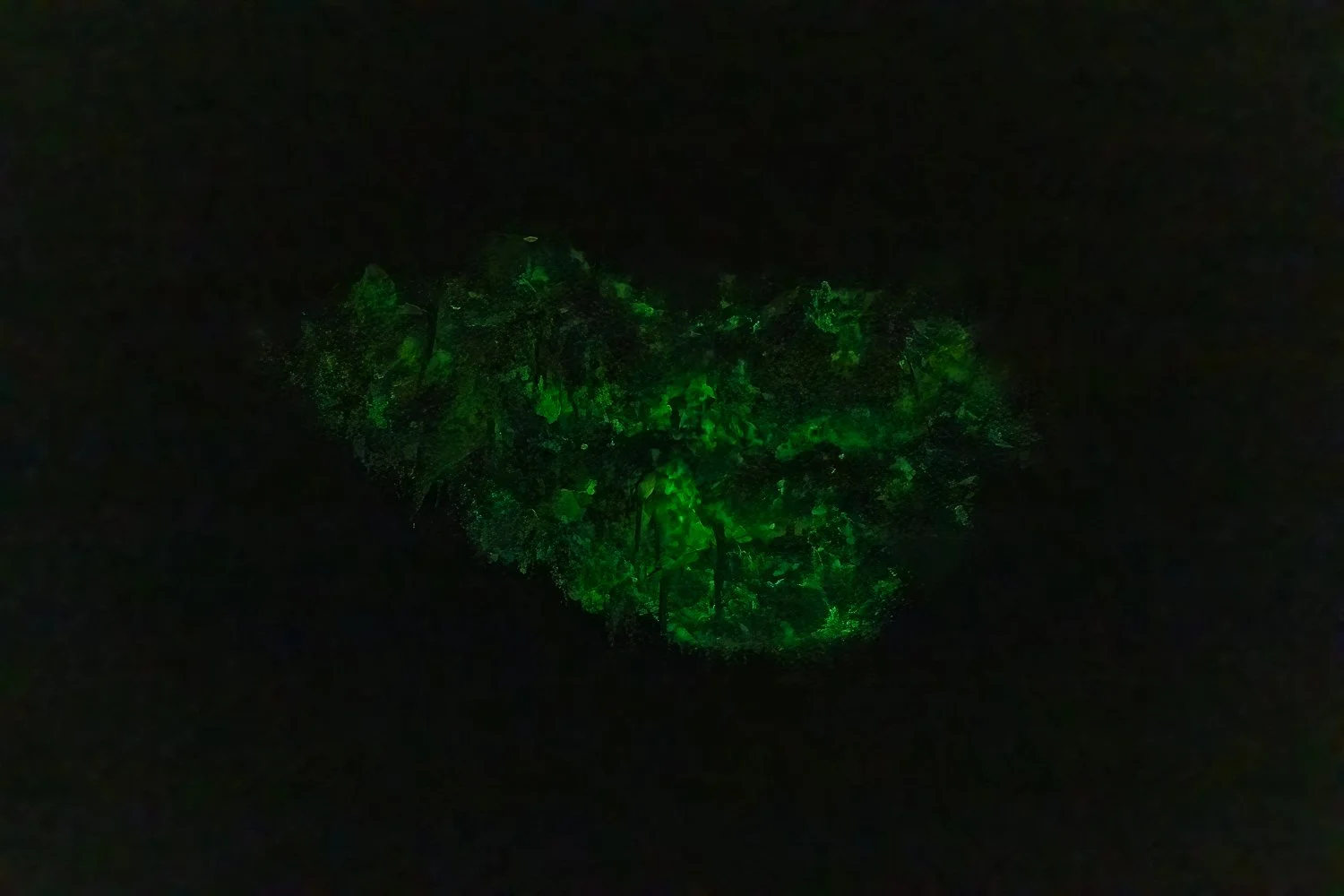 Cave formations glowing green under ultraviolet light.
