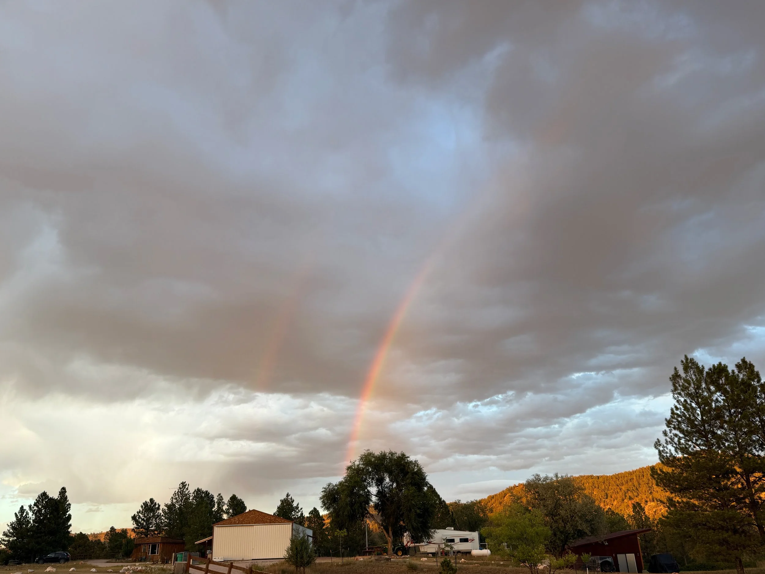 A rainbow appears beneath gray storm clouds over the wooded hills of Hot Springs, South Dakota.