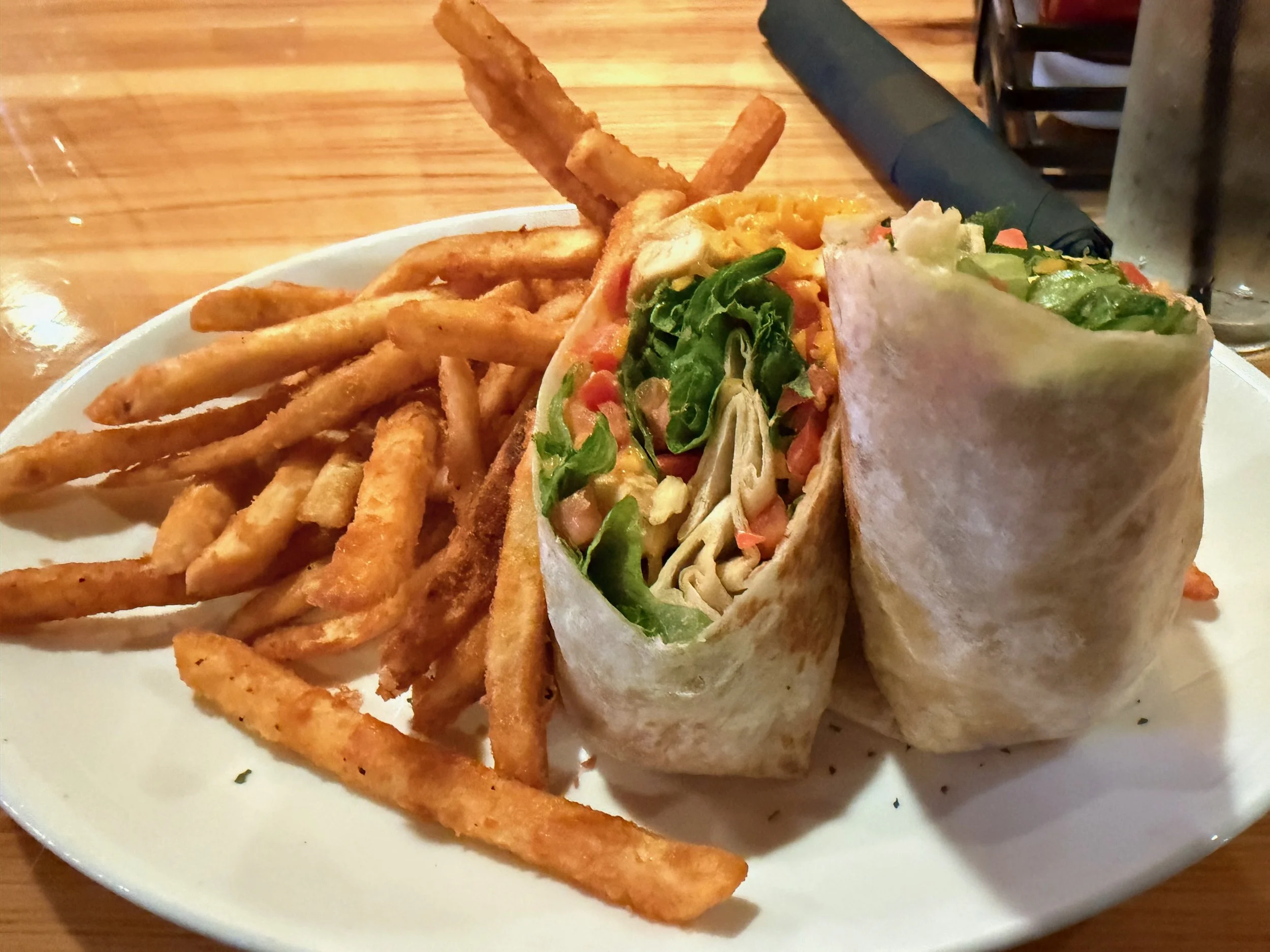 A chicken wrap with seasoned French fries on a plate.