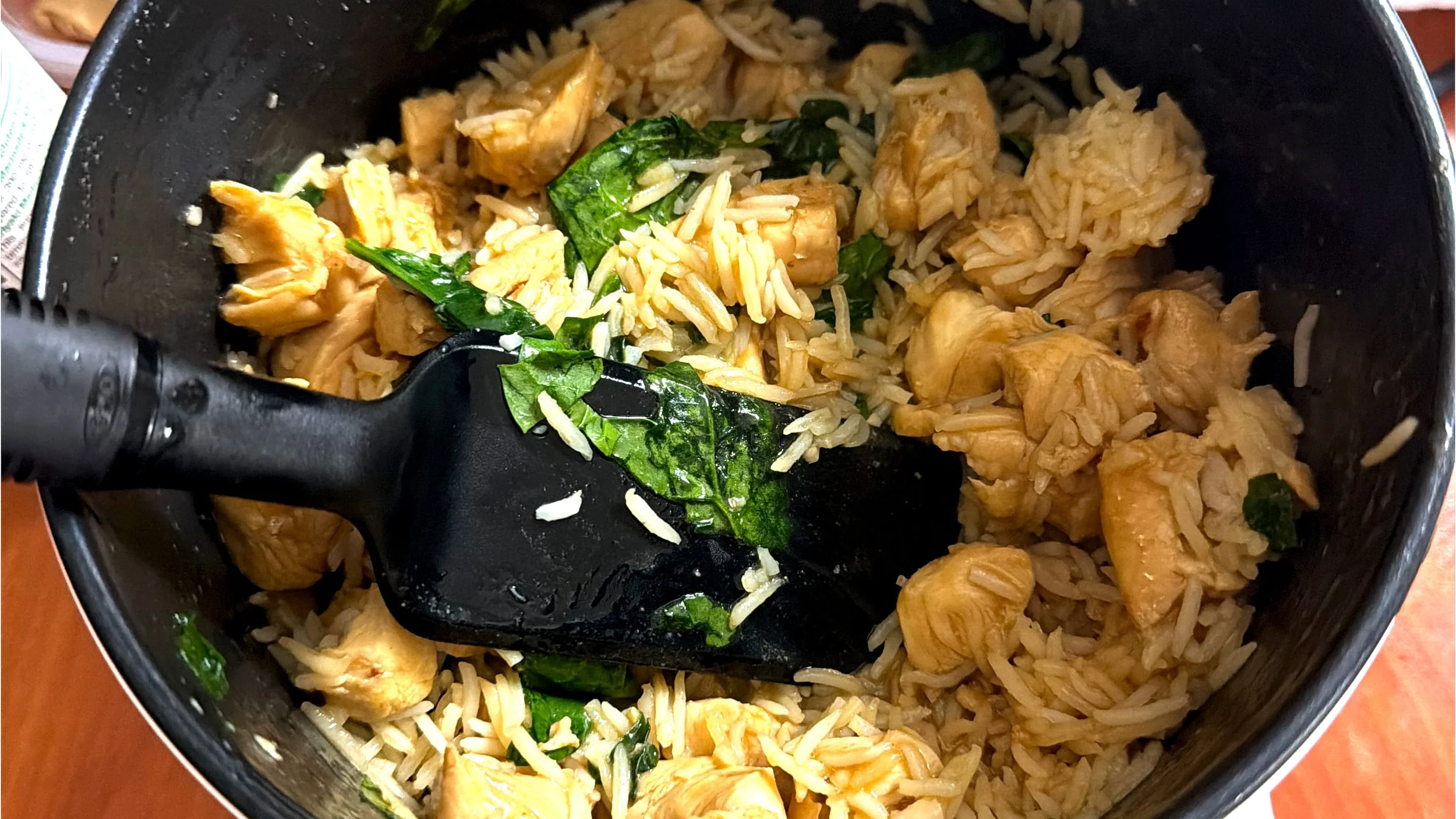 Teriyaki chicken fried rice in a portable cookpot.