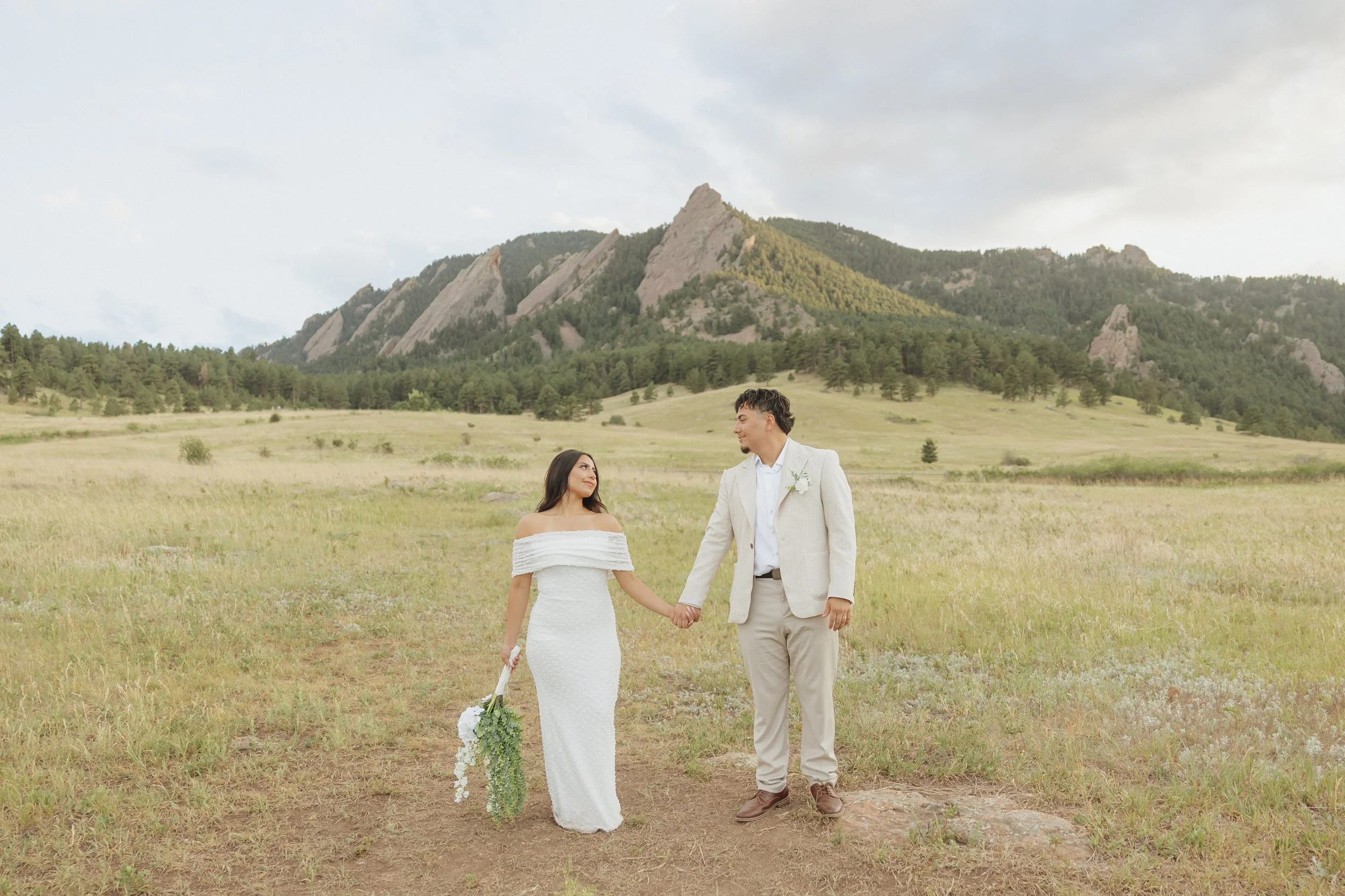 A bride and groom holding hands outdoors in a grassy field with mountains in the background. The bride is wearing a white wedding dress and holding a bouquet, the groom is dressed in a light suit. They are looking at each other.