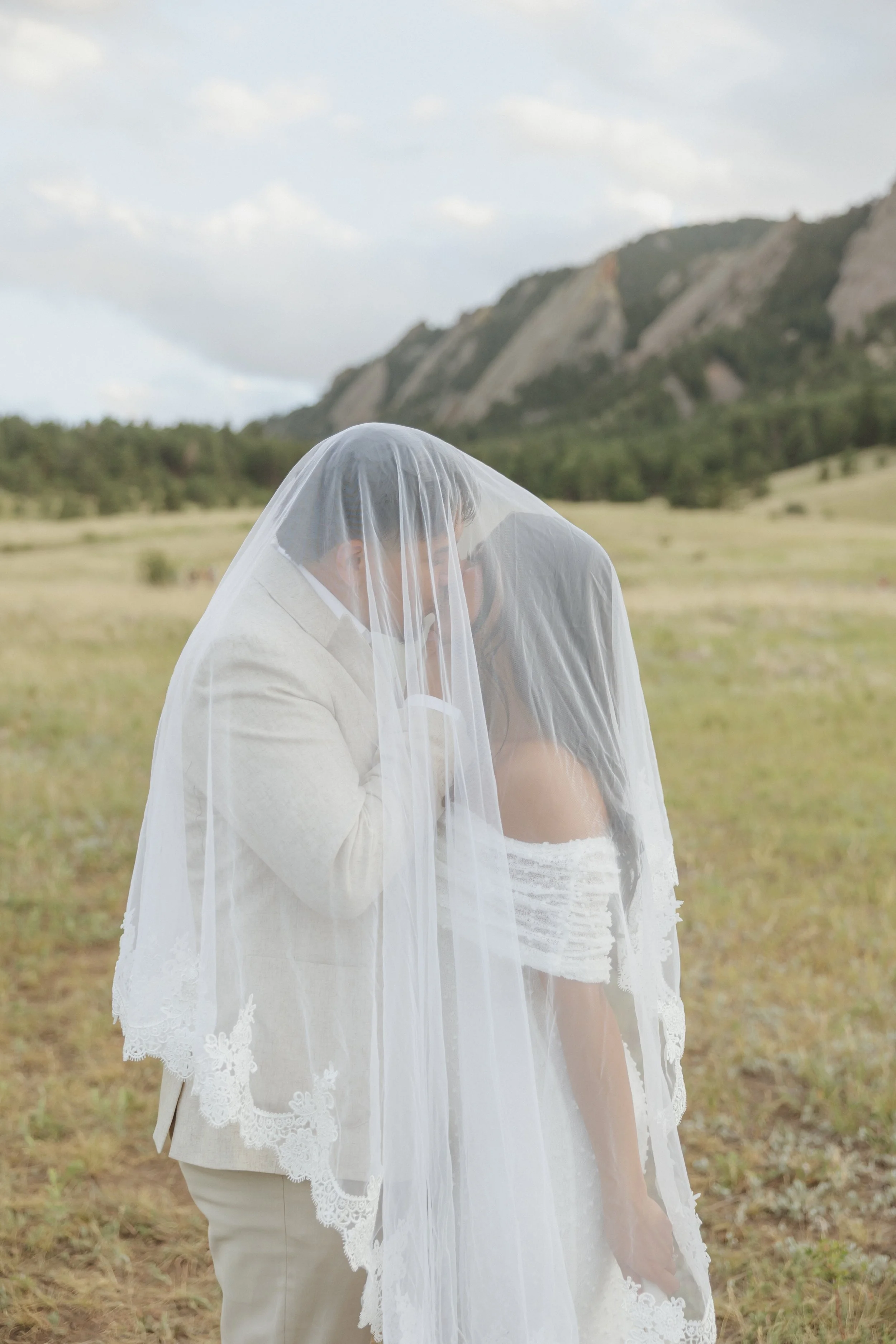 A bride and groom sharing a kiss under a sheer veil in an outdoor field with mountains in the background.