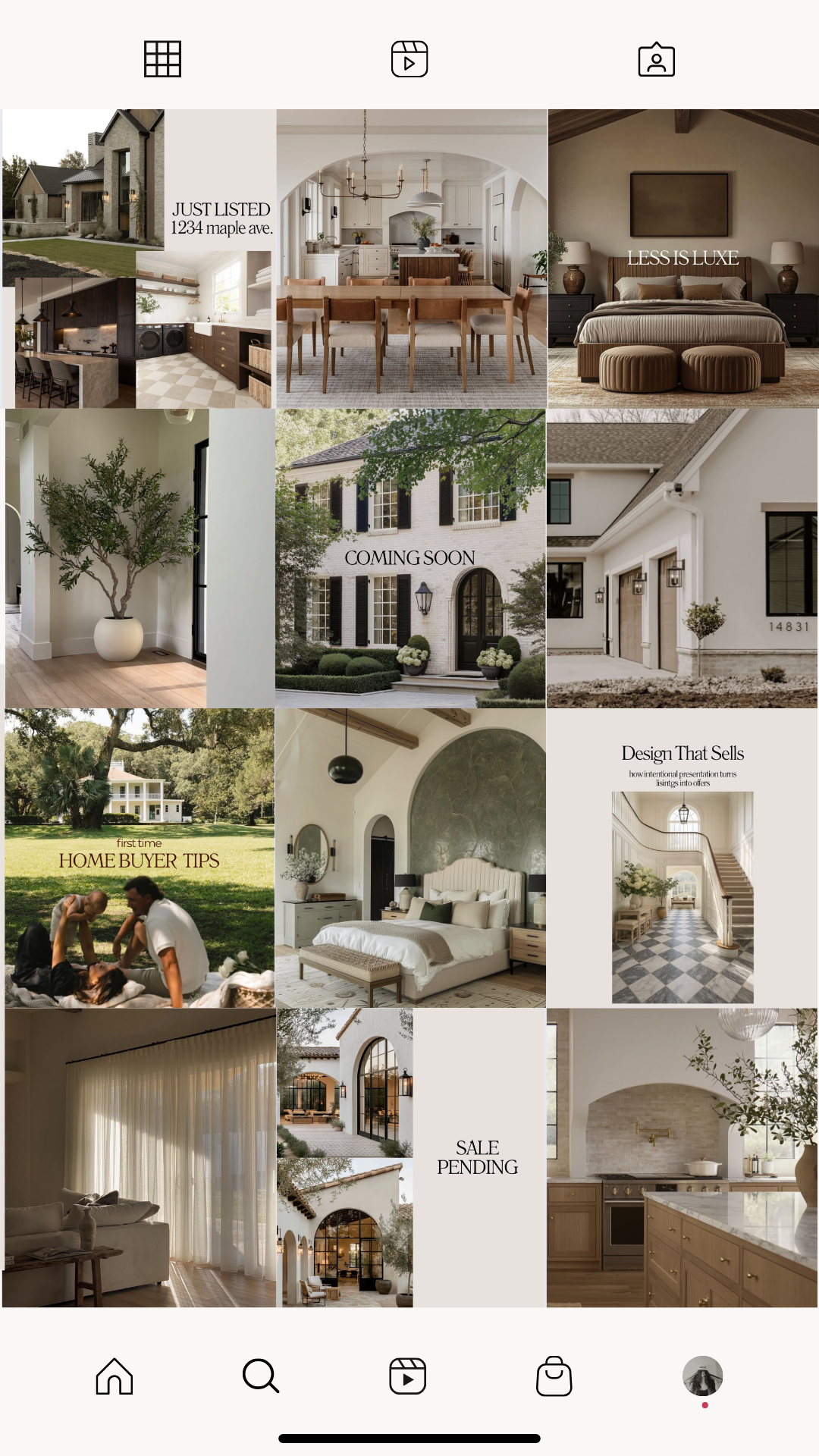 A collage of images showcasing a house listing, including exterior photos, interior rooms like the kitchen, bedroom, living room, front door, and a staircase, along with text about home buying tips, sale pending, and upcoming house.