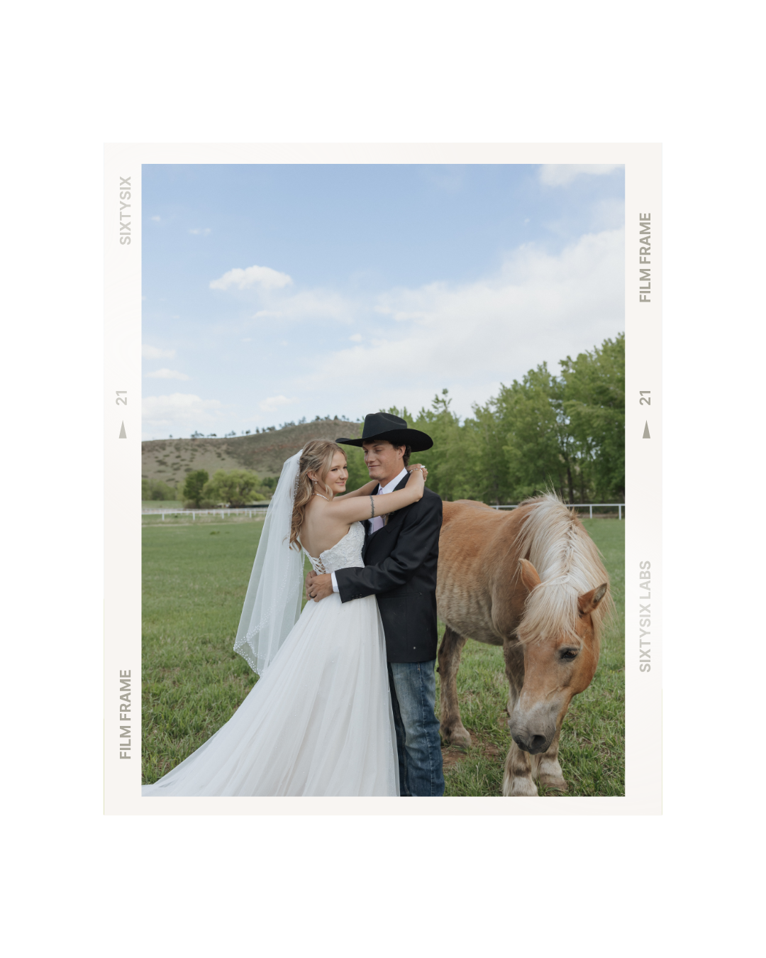 A bride and groom standing in a field embracing each other, with a light brown horse nearby and a scenic background of trees and hills under a partly cloudy sky.