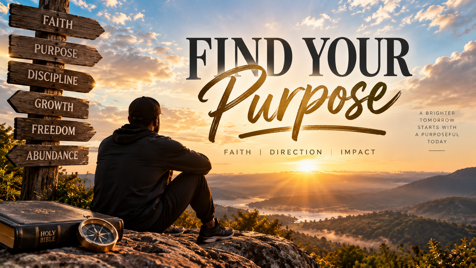 A person sitting on a rock overlooking a sunrise over mountains and a river, with a wooden signpost listing words like faith, purpose, discipline, growth, freedom, and abundance, and a Bible and a compass on the rock.