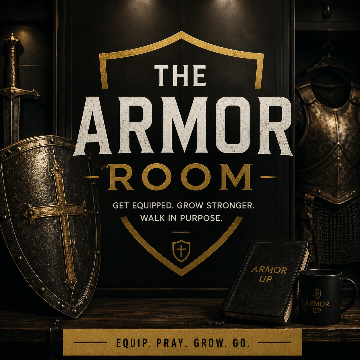 A sign reading 'The Armor Room' with a shield and sword displayed in a room with armor pieces, a notebook, and a mug that all have the phrase 'Armor Up' on them.