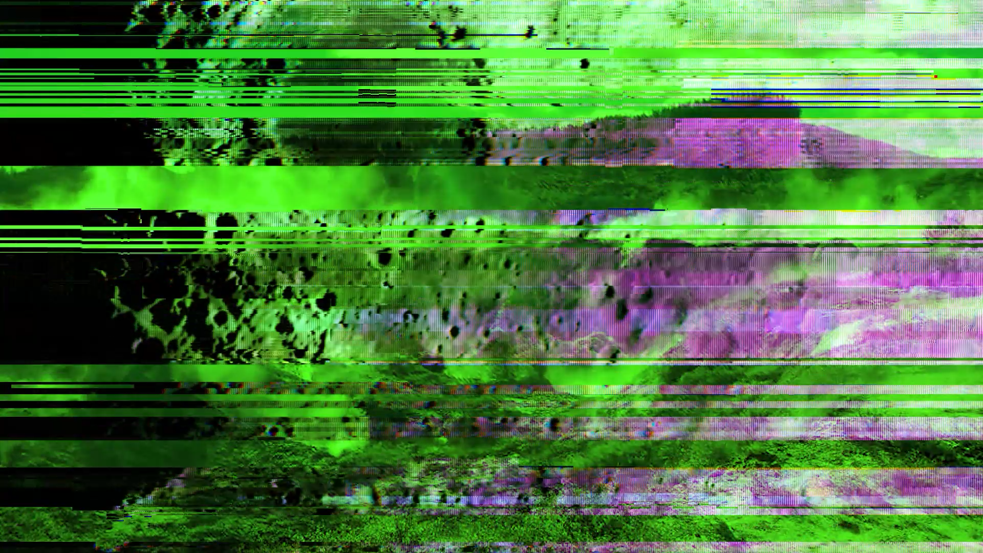 The image shows significant digital distortion, creating horizontal green, purple, and black lines that obscure the original content, making it difficult to identify.