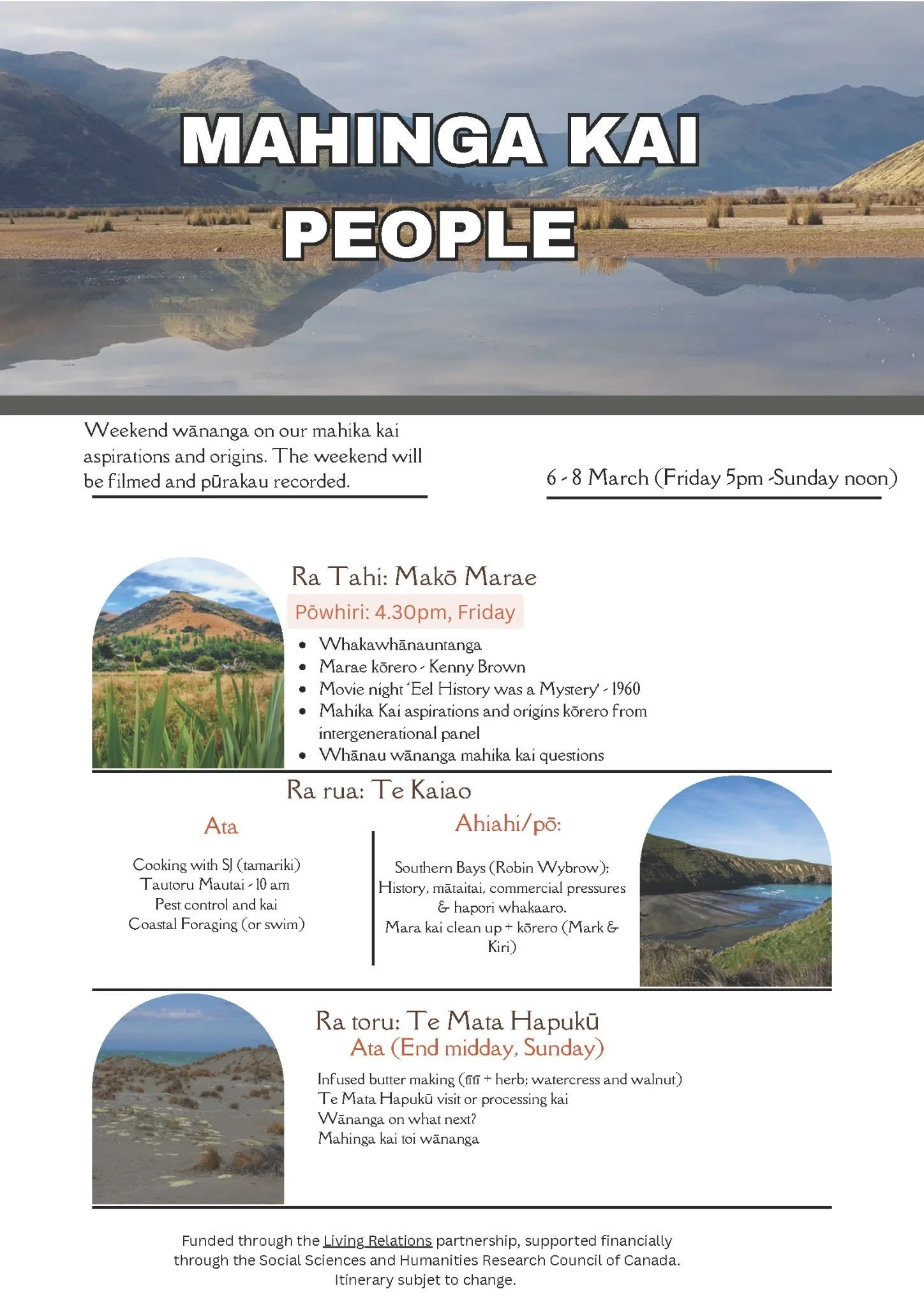 Brochure for a cultural event titled 'Mahinga Kai People' held from March 6-8. The brochure features images of mountains, lakes, and coastal scenery, with schedule details and activities focused on Māori traditions, such as cooking, history, and land management.