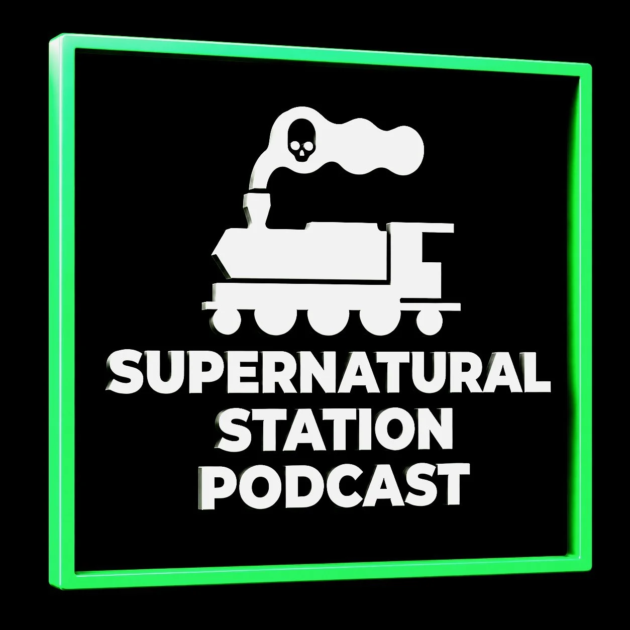 A neon sign featuring a ghostly train with a ghost face and smoke, plus the text 'Supernatural Station Podcast' in bold white letters outlined in green.