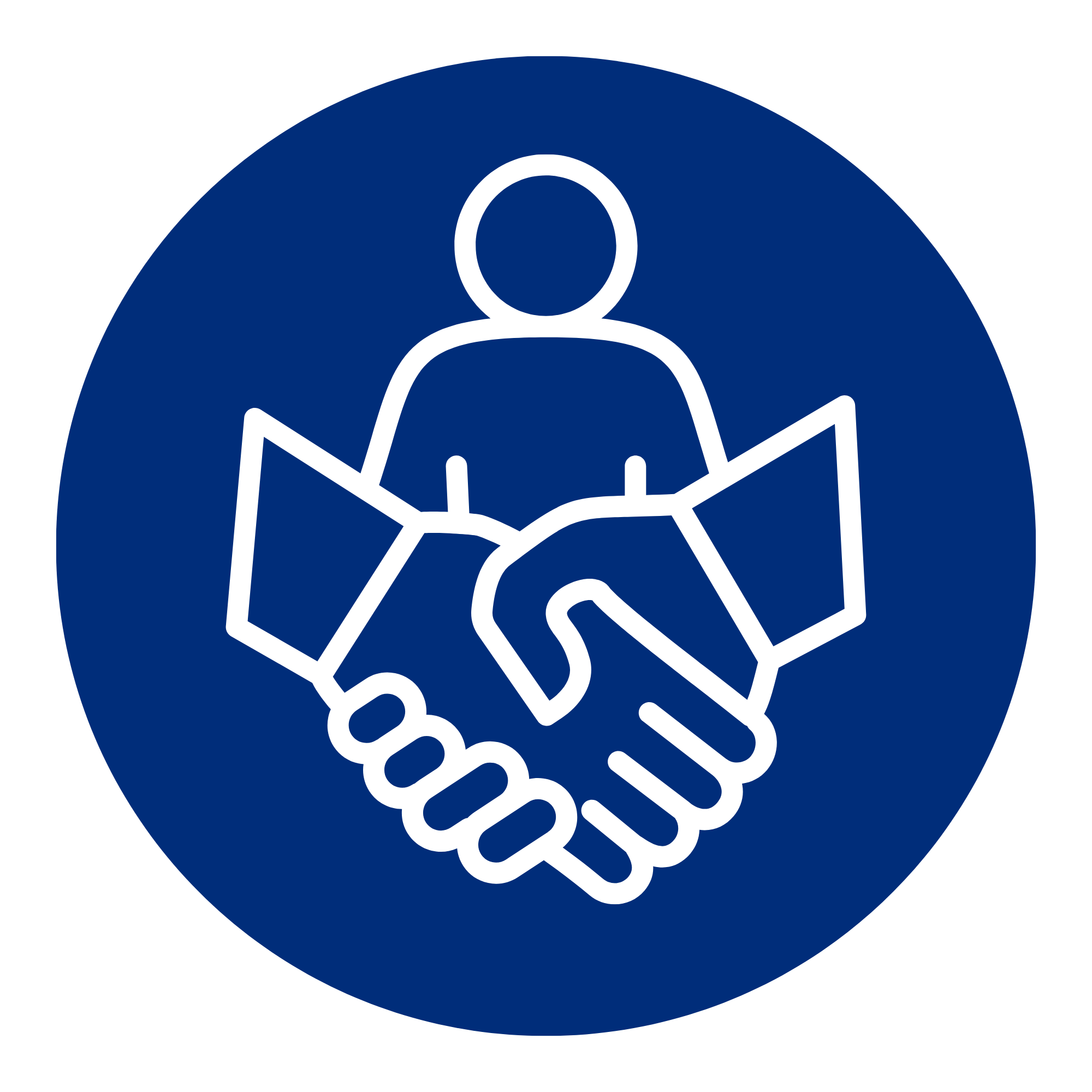 A logo featuring a blue circle with a white outline of two hands shaking, with a small white paper or document below the hands.